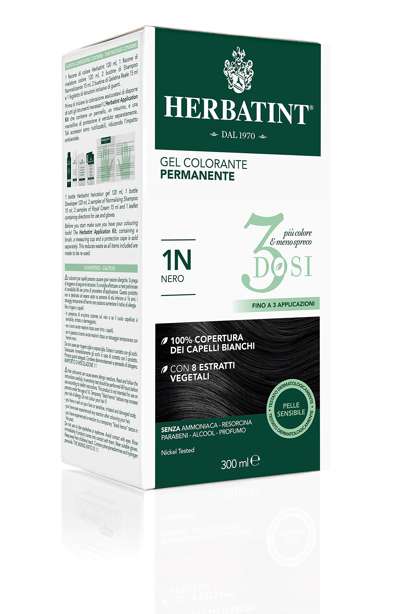 Herbatint Gel colorante permanente 3 dosis, 300 ml – 1N negro, sin amoniaco, para pieles sensibles, 100% cobertura de cabellos blancos, con 8 extractos naturales biológicos