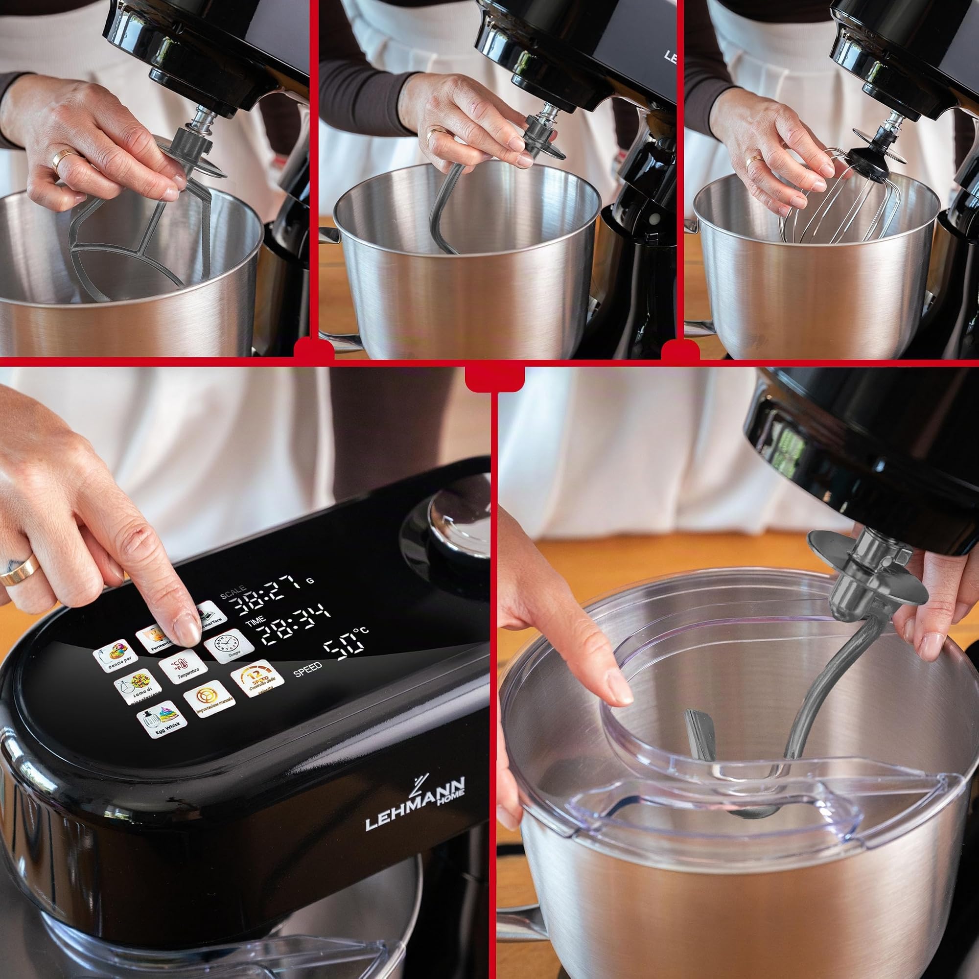 LEHMANN Impastatrice Planetaria Multifunzione con Display, Funzione di Fermentazione e Riscaldamento, Bilancia Integrata, 12 Velocità, Timer, con Ciotola 5 L, Frusta, Gancio Impastare, Mescolatore