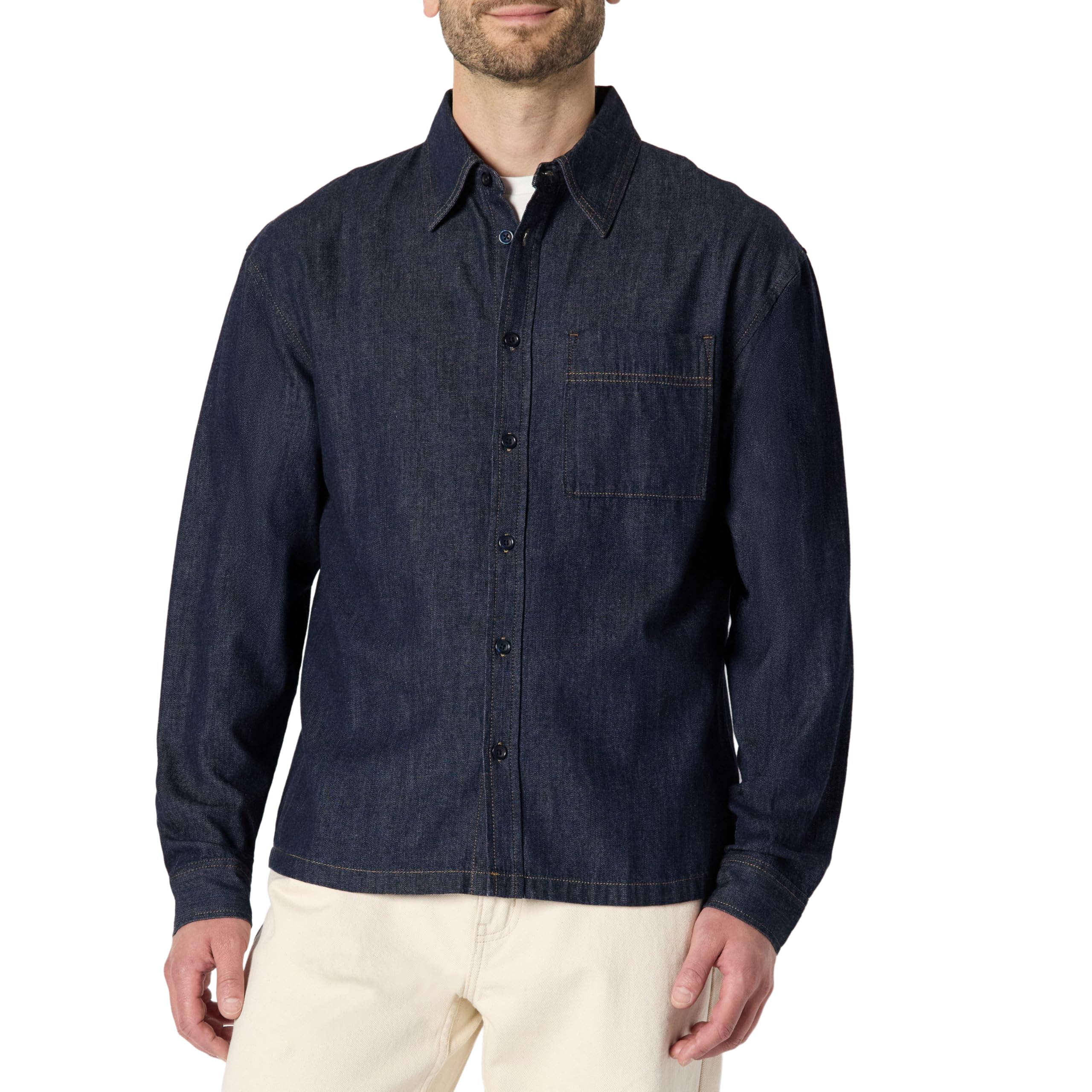 Amazon Essentials Men's Modern Oversized-Fit Denim Button-Down Shirt, Rinse, Small