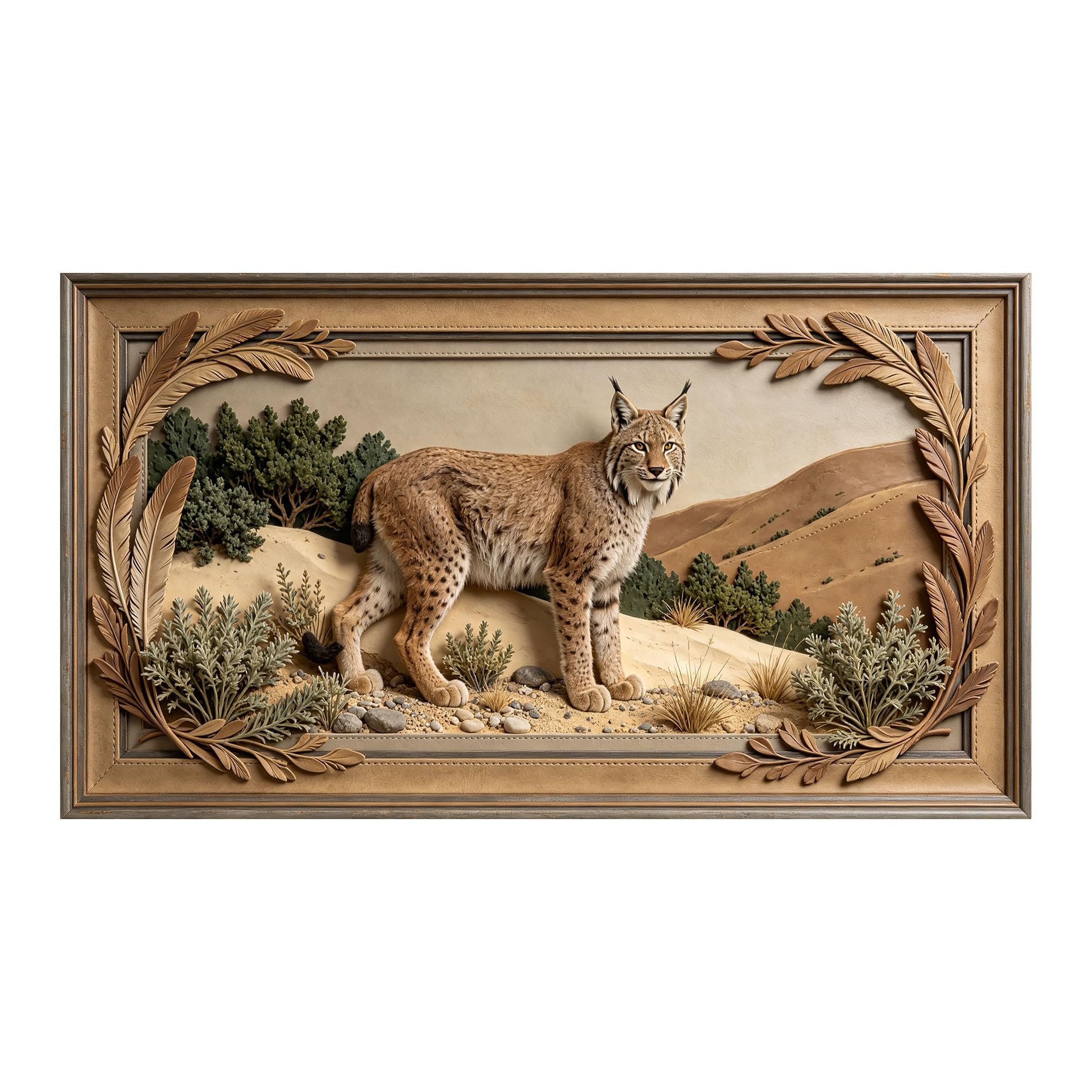 Murasolite 3D 3D Framed Wall Art 50cm×90cm Desert Lynx Wildlife Landscape Realistic Style SelfAdhesive Fabric Mural Wall Decor, Peel and Stick No Damage to Wall for Bedroom Living Room