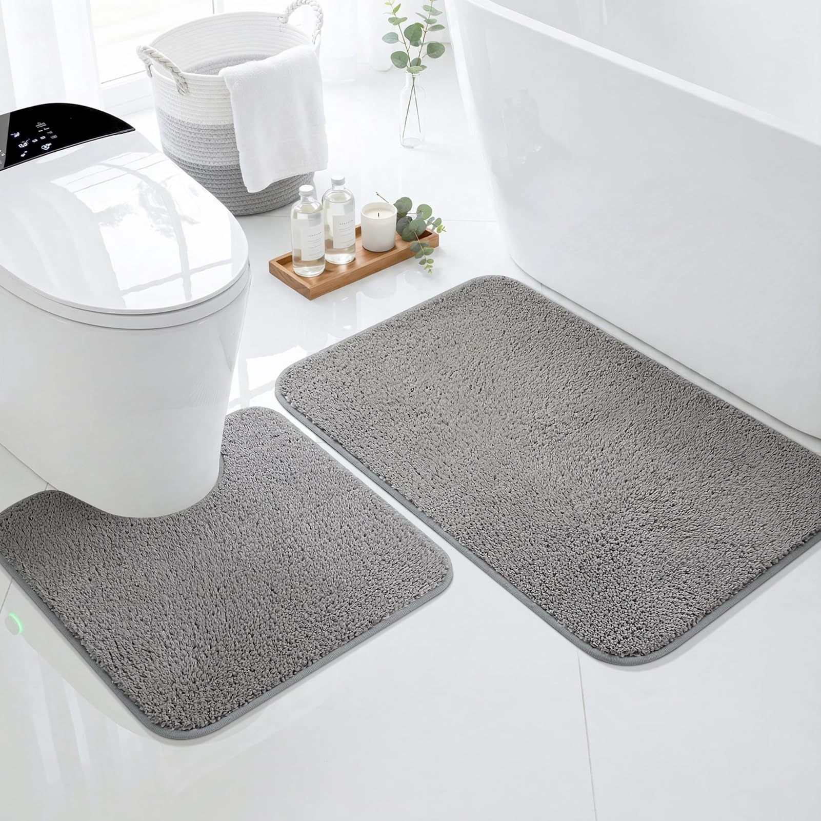 LUSCHEER 2 Piece Bath Mat Set, Shaggy Microfiber Bathroom Mats, Grey