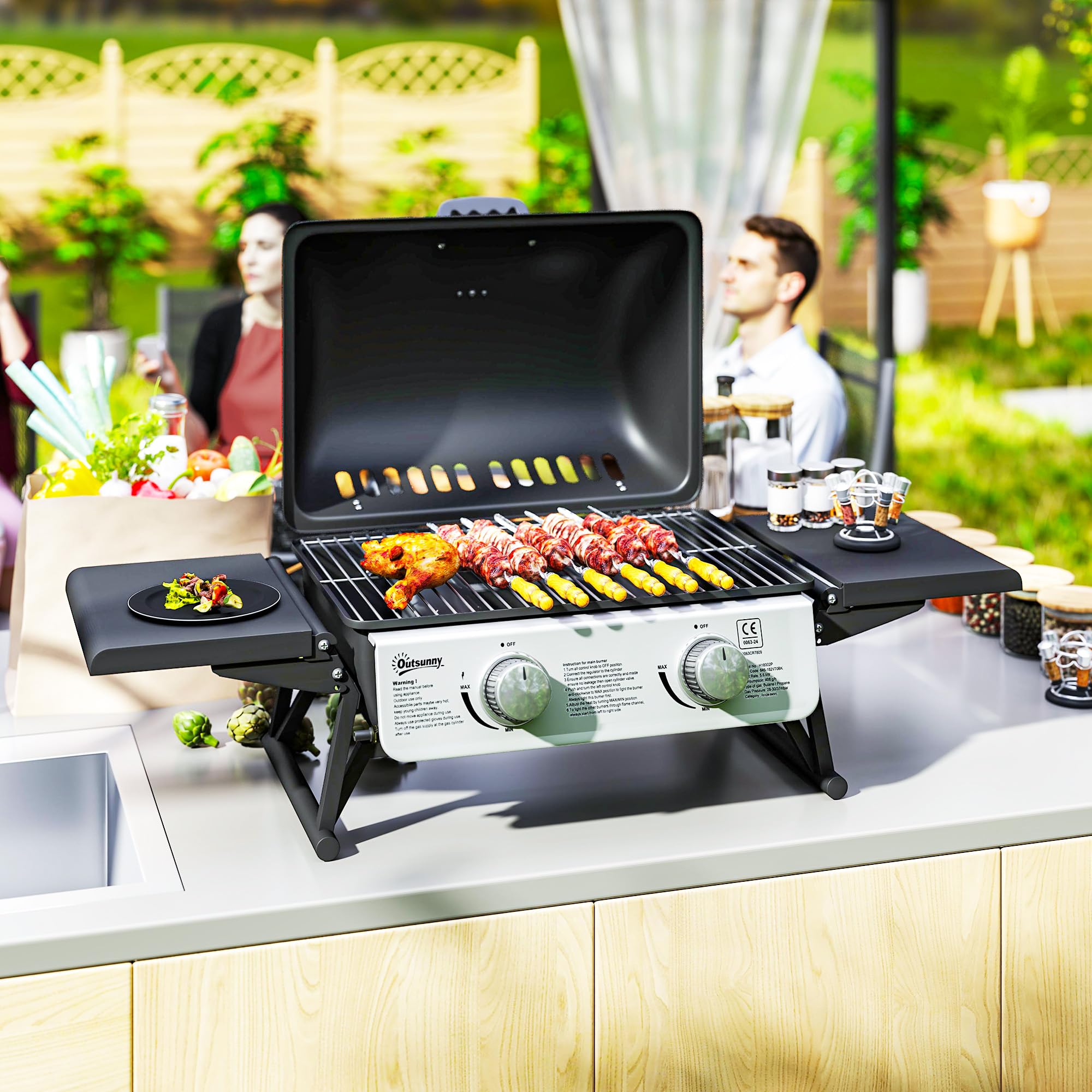 Outsunny Barbacoa de Gas con 2 Quemadores de Acero Inoxidable 5,6 KW Barbacoa Portátil con Mesas Laterales Plegables Bandeja Extraíble y Termómetro para Pícnic Camping 101x48x41 cm Negro