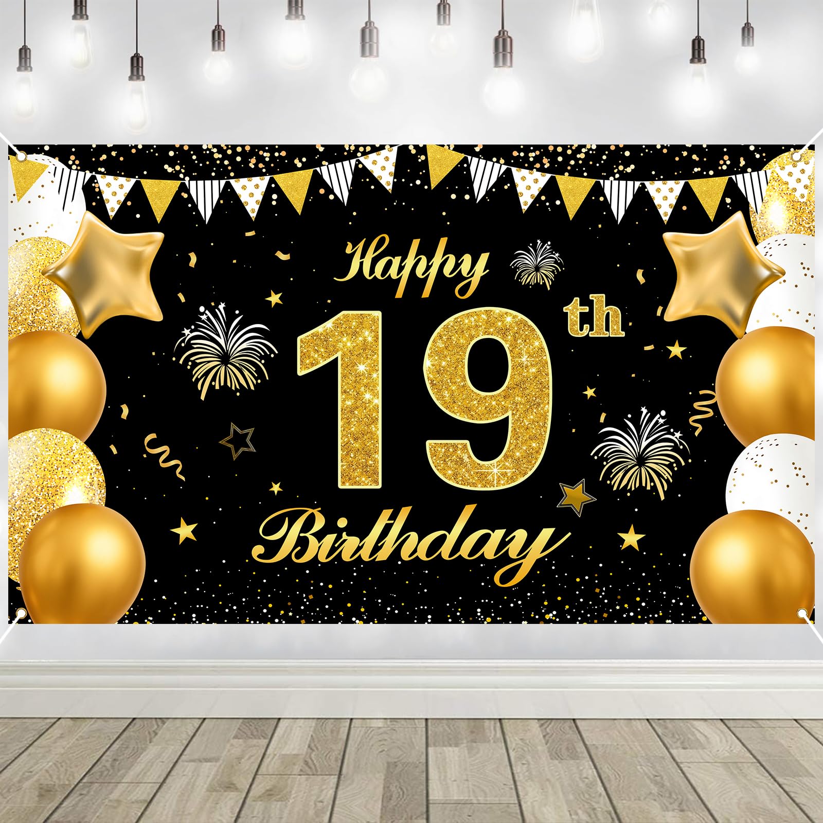 19th Birthday Decorations Banner Gold Black Happy Birthday Door Banner for Party Photo Backdrop for Men Women Home Outdoor Cover Party Decoration Supplies Poster