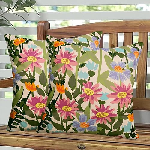 Pyonic Outdoor Pillows Waterproof Cover Pack of 2 Floral Waterproof Throw Pillows 18x18 inch for Patio Furniture Garden Furniture