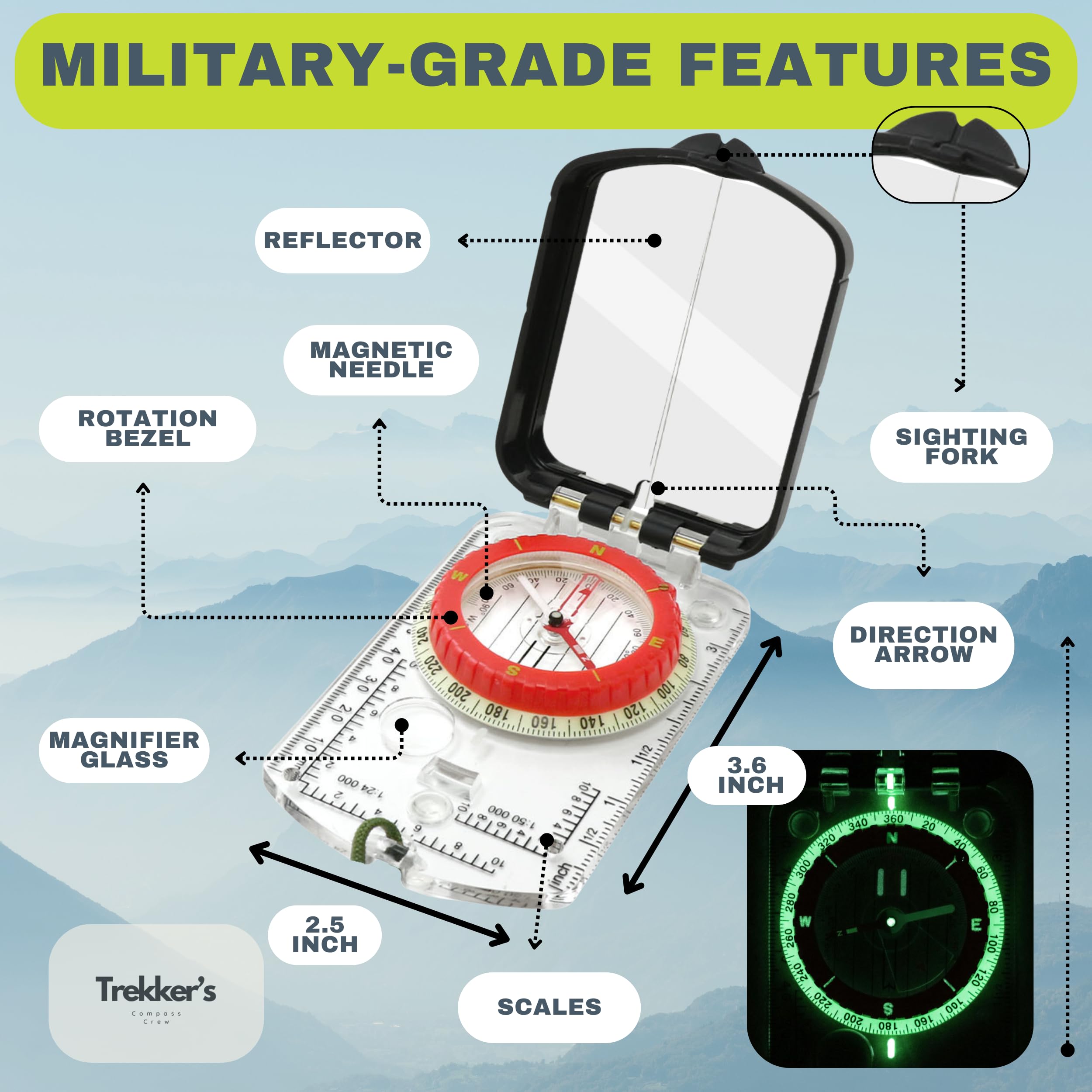 Trekker's Compass Crew Boussole Lensatic militaire professionnelle avec miroir, cadran de haute précision, loupe intégrée, affichage lumineux pour randonnée, camping, course d'orientation