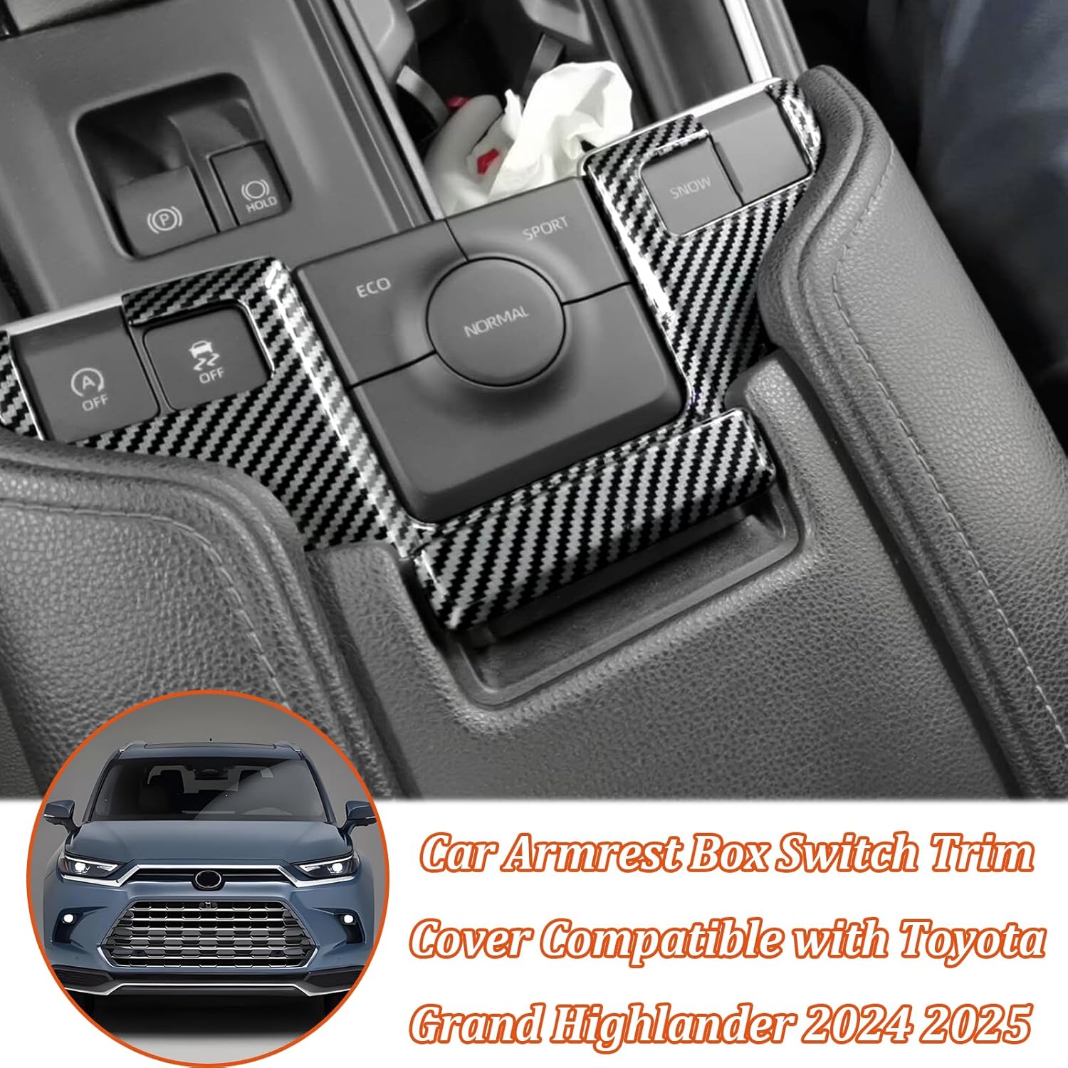 Car Armrest Box Switch Trim Cover Compatible with Toyota Grand Highlander 2024 2025 2026,ABS Center Console Armrest Storage Box Release Button Switch Cover Trim Accessories 2PCS (Carbon Fiber Pattern)
