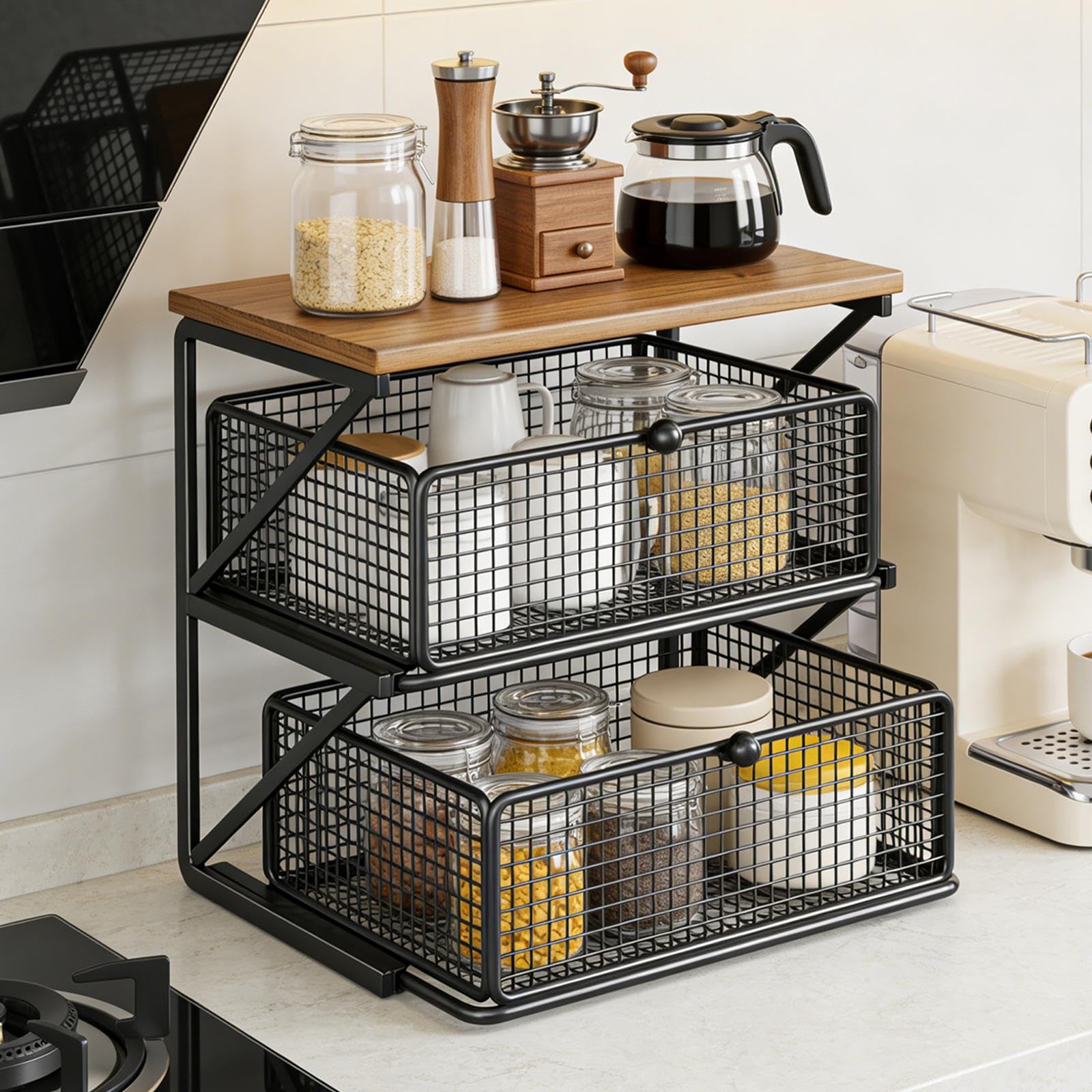 Organizer Multifunktionale Ablage mit Schubladen Und Fächern Aus für Kaffeezubehör Becher Snacks für Schreibtisch Küche Apart, Black S