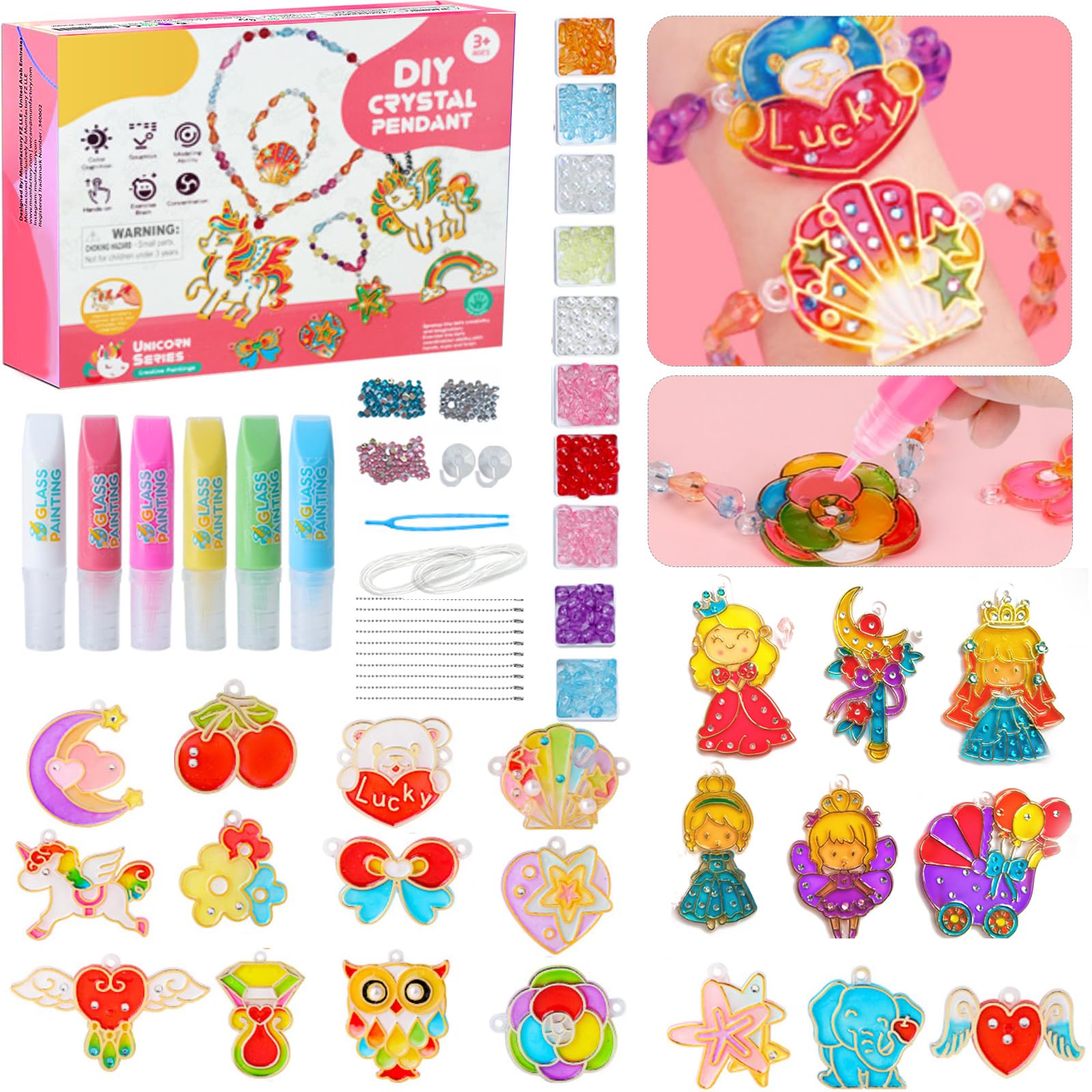 30pcs Window Art Craft Painting Ket Make Your Own Sun Catchers - All In 1 Craft Kit for Kids with Color Pens+ Suction+Chains+Beaded String for Bracelets Girls Arts Crafts Kit