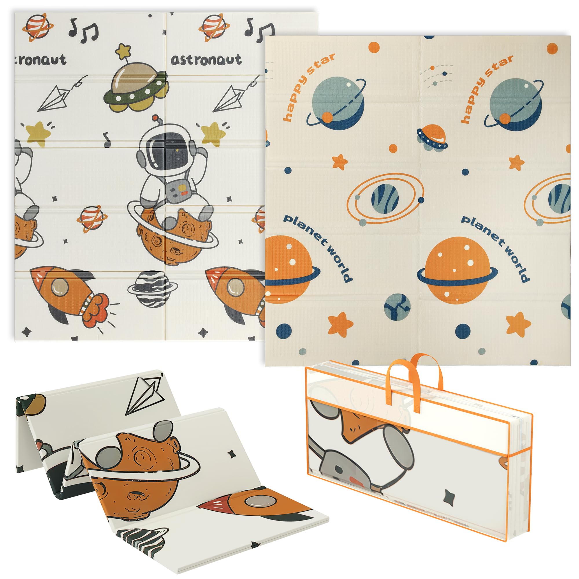 AIYAPLAY Tapis de jeu bébé pliable 177x146x1,5cm Astronaute & Planète | Double face, tapis d'activité réversible, tapis de mousse imperméable, pour pique-niques intérieur/extérieur