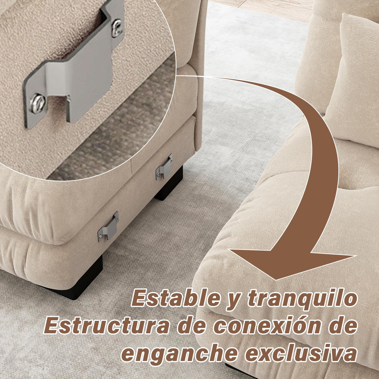 SoarFlash Sofá L Modular de 2 plazas para salón Moderno, sofá Nube de Tela Chenille con reposabrazos, marrón Claro, 145×220cm