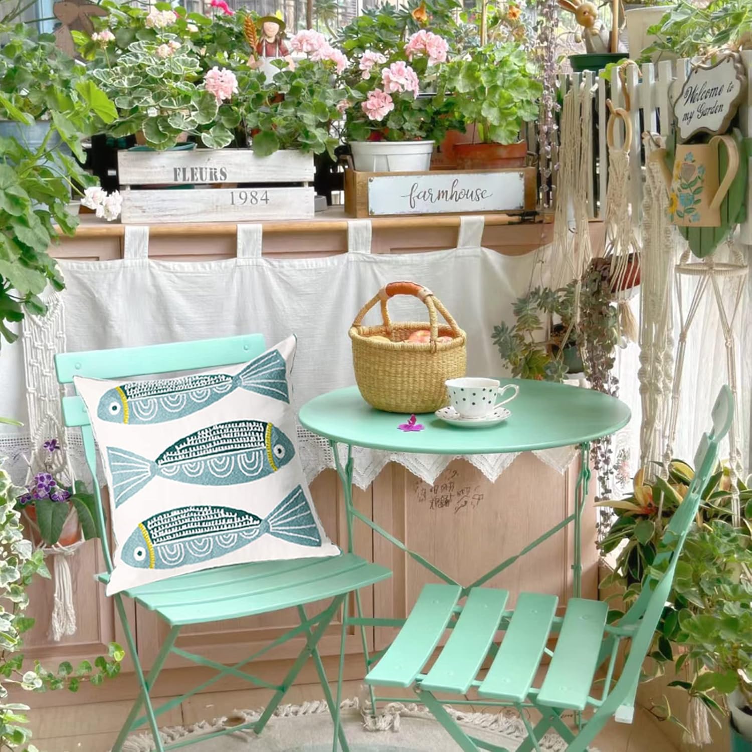 2 PCS Embroidered Throw Pillow Cover Cotton Decorative Square Cushion Cases for Home Sofa Bed and Chair 18 x 18 Inch (Blue Fish-2)