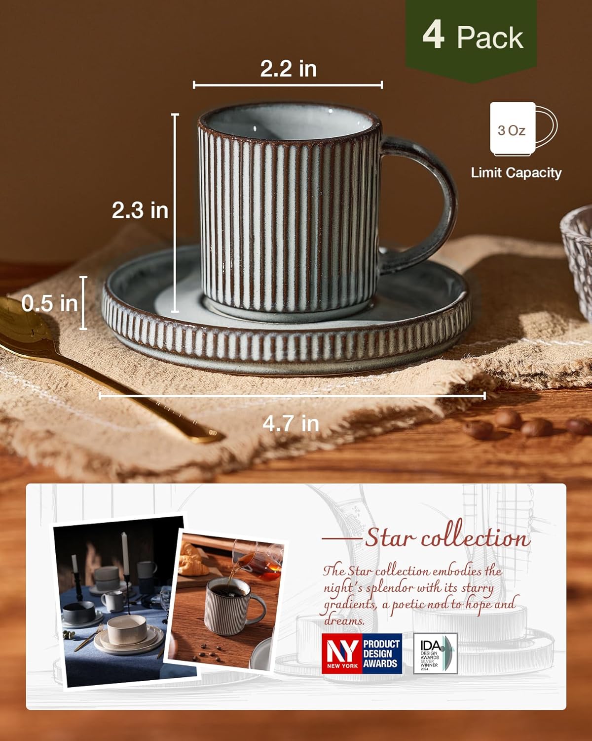 famiware Star Espresso Cups and Saucers Set of 4, [ Mini ] 3 oz Ceramic Small Coffee Mug with Handle, Ribbed Stoneware Demitasse Cup for Tea, Latte - Microwave & Dishwasher Safe - Smoky Blue - Image 4