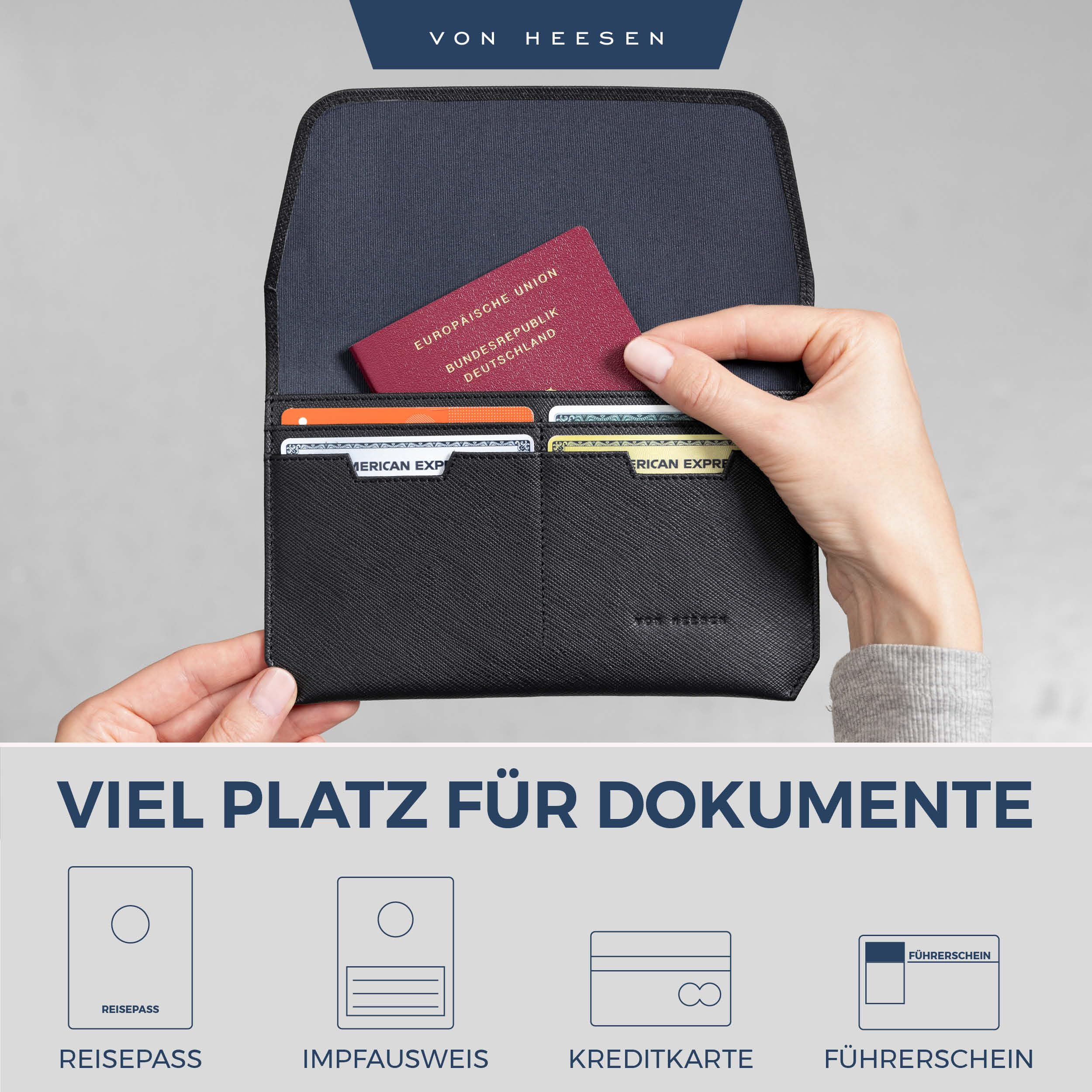 VON HEESEN Leder Reisepasshülle mit RFID-Schutz - Passport-Hülle aus echtem Leder - Reisepass-Organizer für stilbewusste Damen & Herren in Saffiano Schwarz