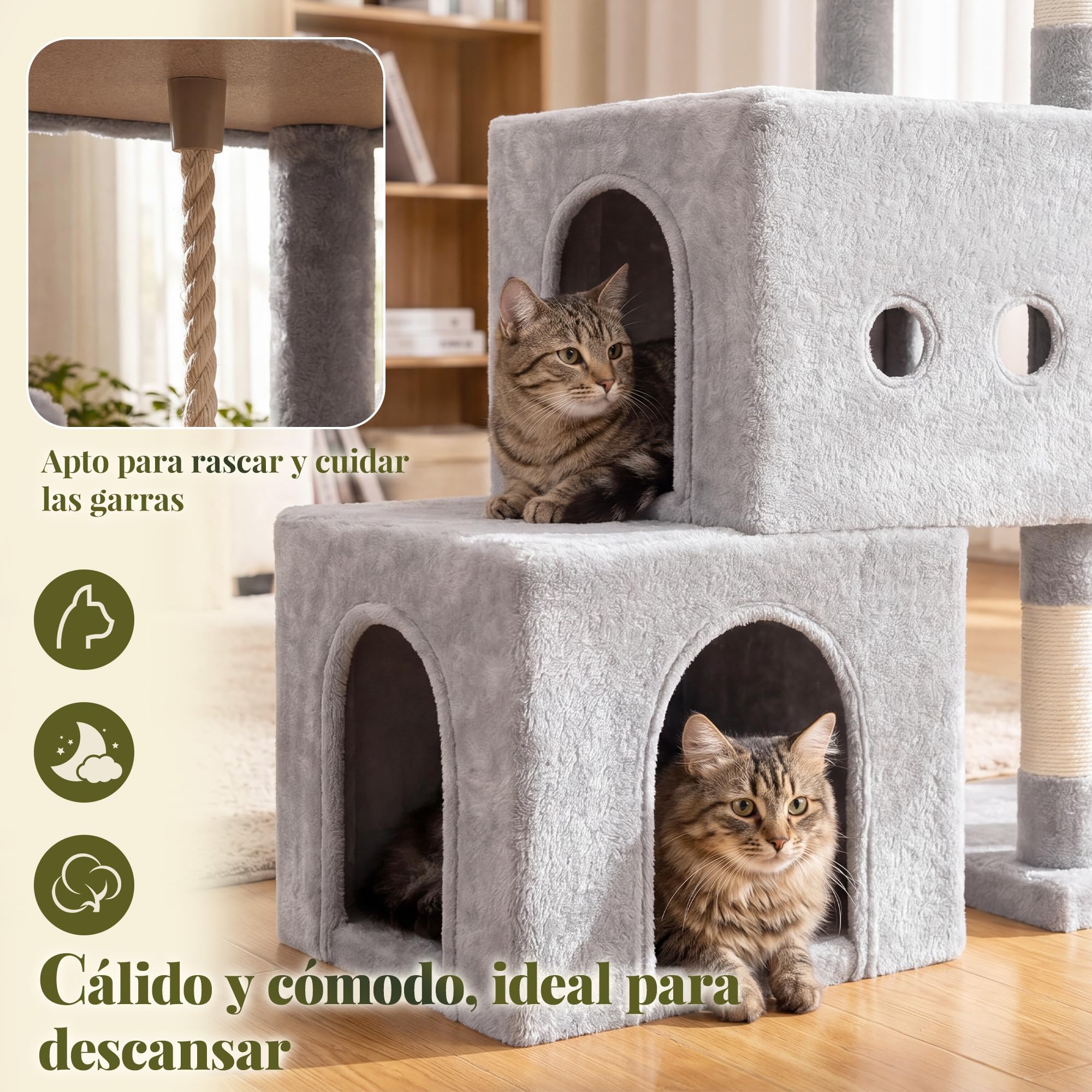 Hey‑brother Rascador para Gatos, Diseño Escalonado, 2 Cuevas, MPJ061W | 130cm Árbol para Gatos, 2 Plataformas, Cesta, Cepillo para Mascotas, para Gato de Interior, Gris Claro