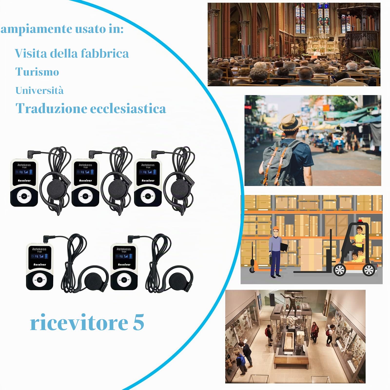 Retekess T131 Ricevitore Sistema di Guida Turistica(Confezione da 5） | Ricevitore Compatibile con Sistema di Guida Audio T130, Microfono per Guida Turistica di Fabbrica, Università, Logistica