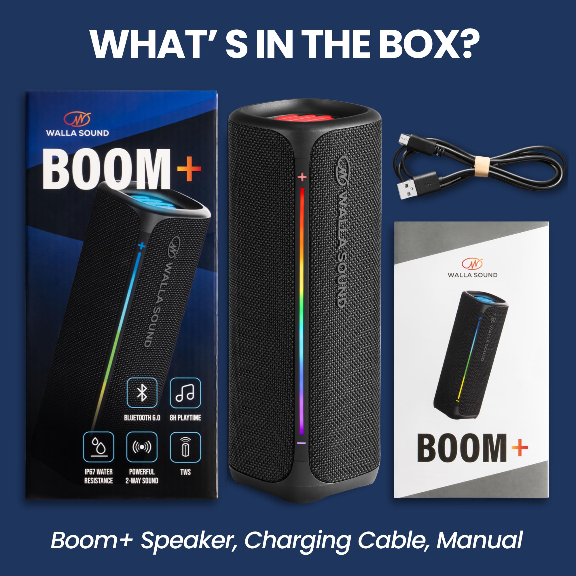 Altoparlante Bluetooth portatile Walla Boom+ - Audio ad alta potenza da 20 W, impermeabile IP67, accoppiamento TWS, ricarica USB-C, 8 ore di riproduzione, Bluetooth 6.0, progettato per interni ed