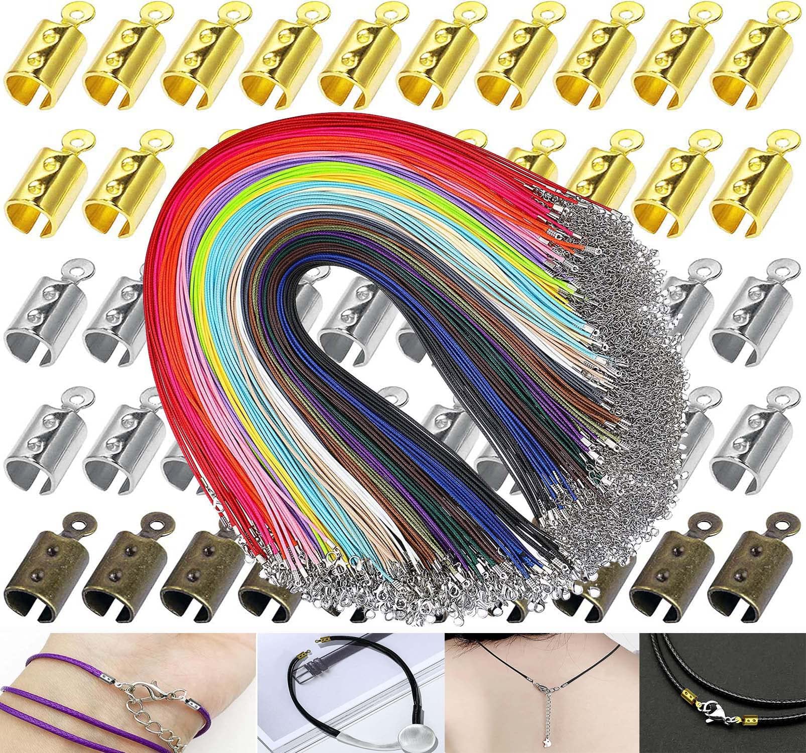 DIY Crafts (80 Pcs, Silver) 5x Necklace Sample & Fold Over Ends Cord End Caps Tips Crimps Cord Ends Leather Ribbon Clamp Clasp Fold Over Cord Ends for Jewelry Making,Necklace Cord, DIY Works