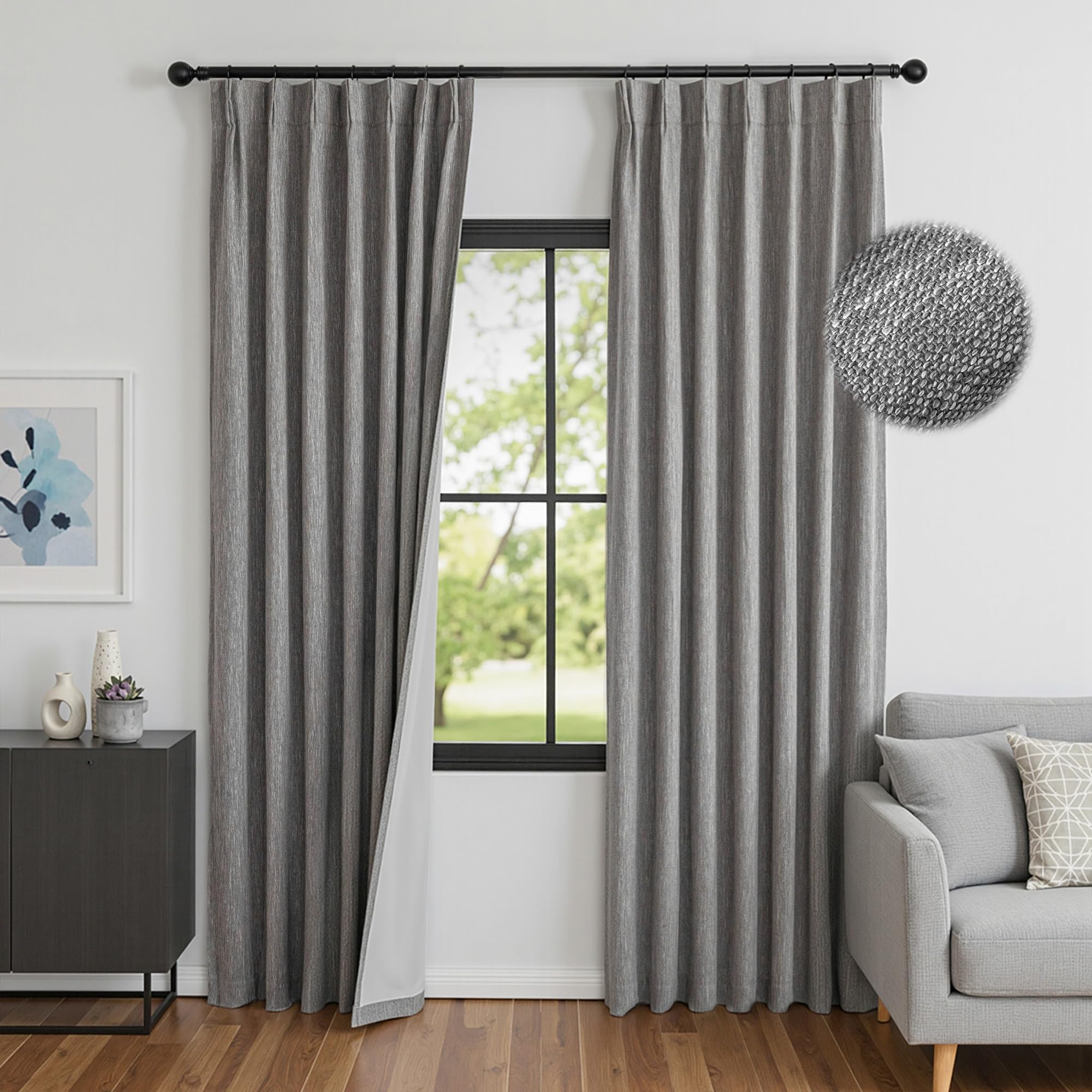 MYSKY HOME Dark Grey Blackout Curtains 96 inches Long Pinch Pleated Curtains for Living Room Bedroom 100% Room Darkening Black Out Window Drapes with