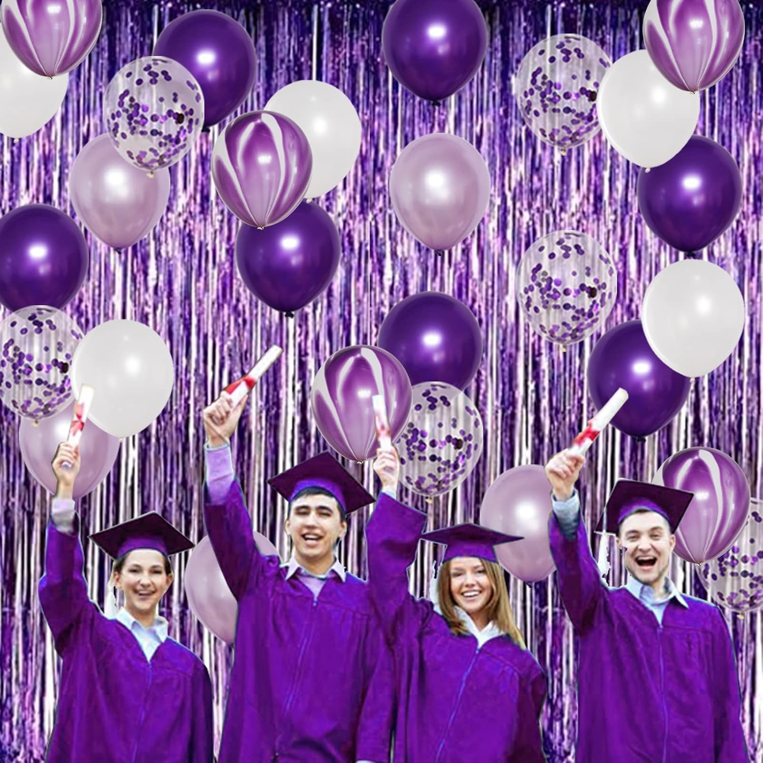 Purple and White Party Decorations Kit with Foil Curtain and Balloons