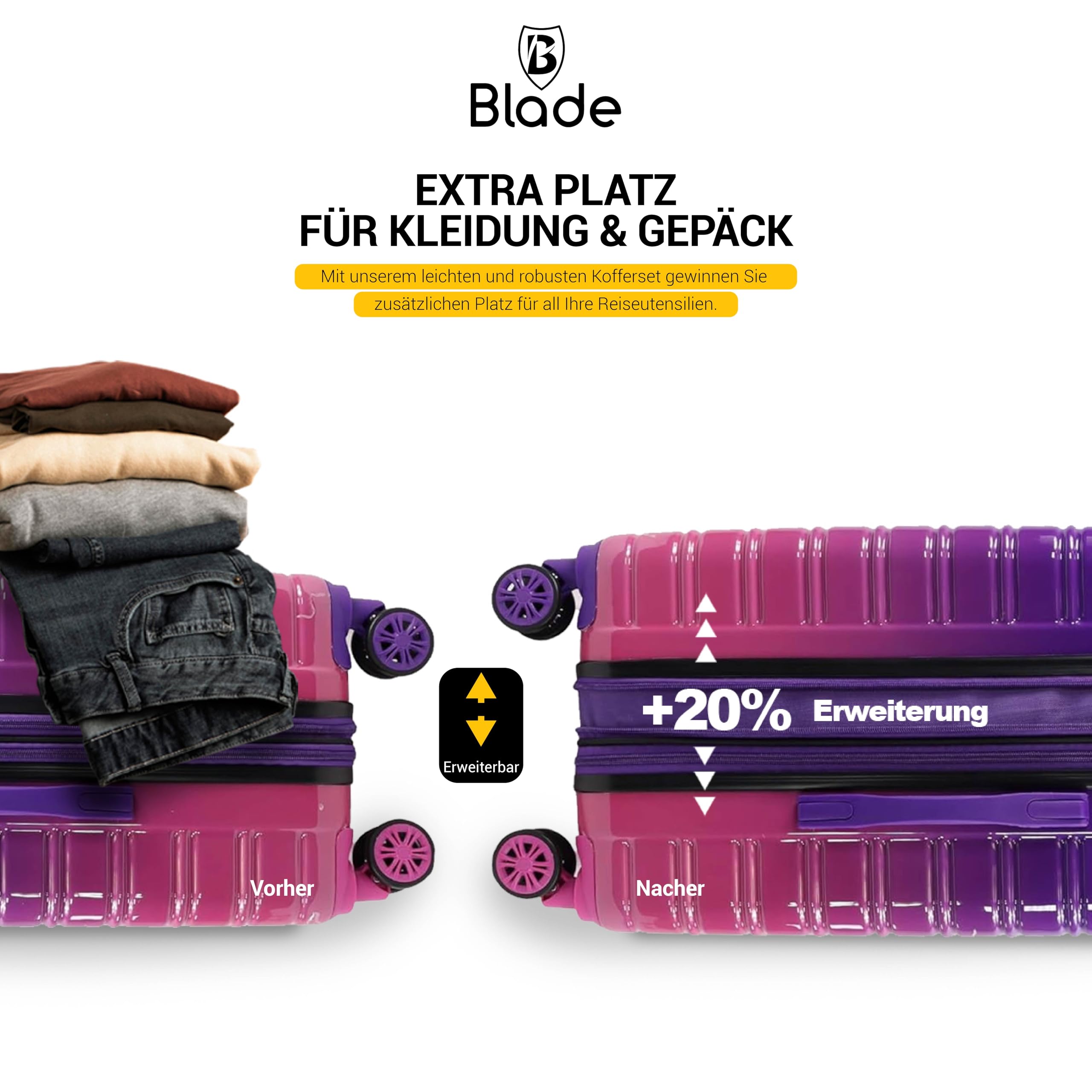 Blade Erweiterbares Handgepäck - Hartschalen Koffer Trolley - Leichter Reisekoffer Handgepäck aus ABS+PC mit TSA Schloss - 4 Spinner Räder Koffer- Rollkoffer (Lila-L)