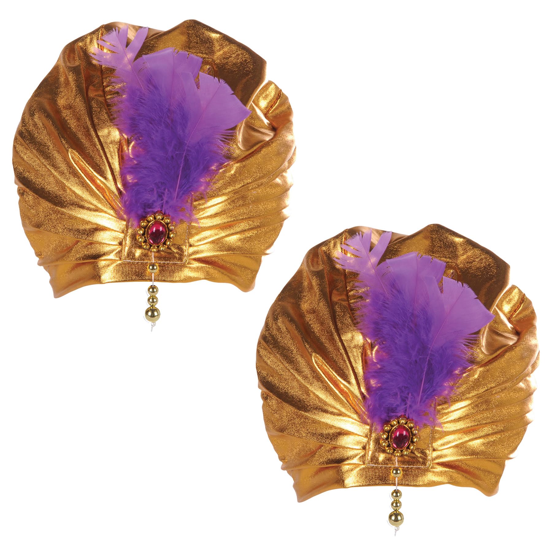2 Piece Fabric Gold Sultan Hats & Purple Feathers, Genie Head Wraps Costume Accessories For Arabian Nights Theme Party, Celebrating With You Since 1900