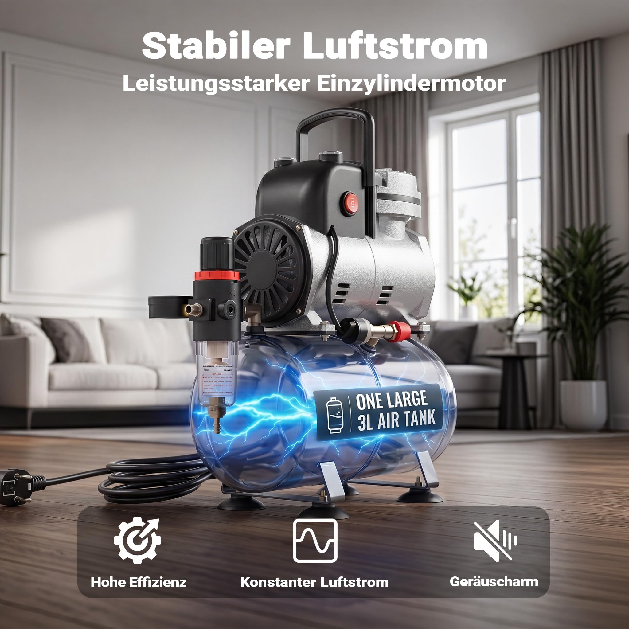 Wiltec Airbrush Einzylinderkolbenkompressor AF189 mit Lufttank, max. 6 bar Druck, Druckminderer, Wasserabscheider, Manometer, für Modellbau, Nailart, Tattoos