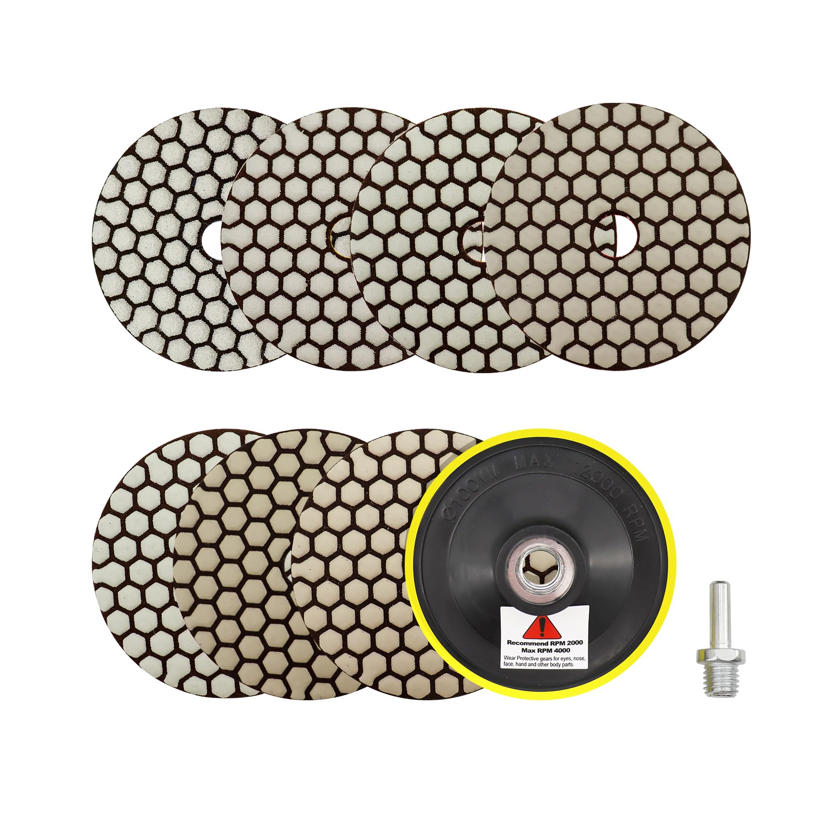 Trocken Diamant Polierpad 100mm 7 Stücke Körnung 50/100/200/400/800/1500/3000 Polierscheiben mit M14 Stützteller+Adapter für Granit Marmor Kunststein Quarz für Winkelschleifer SANLEETEK