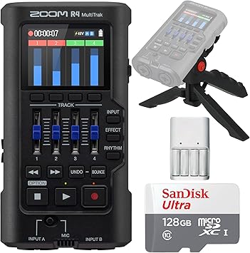 Zoom R4 MultiTrak 32-Bit Float Recorder with 128GB Ultra UHS-I microSDXC Memory Card and Pistol Grip Tabletop Tripod