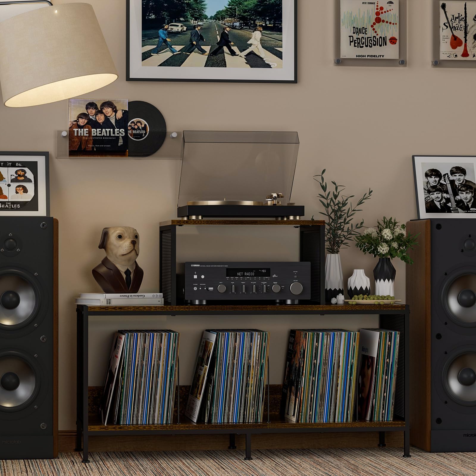 Sonyabecca Spazioso tavolino vintage per giradischi, contiene 150-250 album in vinile, divisori regolabili, aree di visualizzazione laterali, ideale per soggiorno, camera da letto, ufficio
