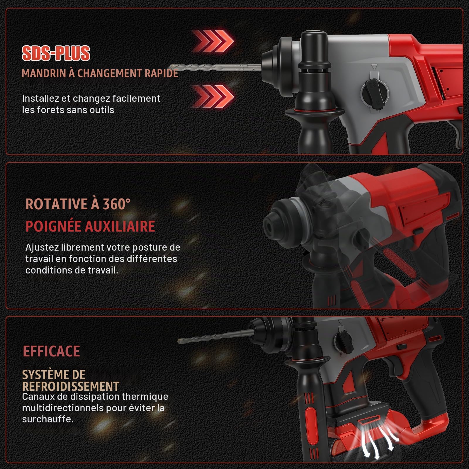 Combiné hammer et trous de forage pour Milwaukee 18V batterie(sans batterie | Roadtime 1200W 2-en-1 3J brosses sans machine de forage 3500rpm, percussion machine de forage avec 3x broche SDS PLUS