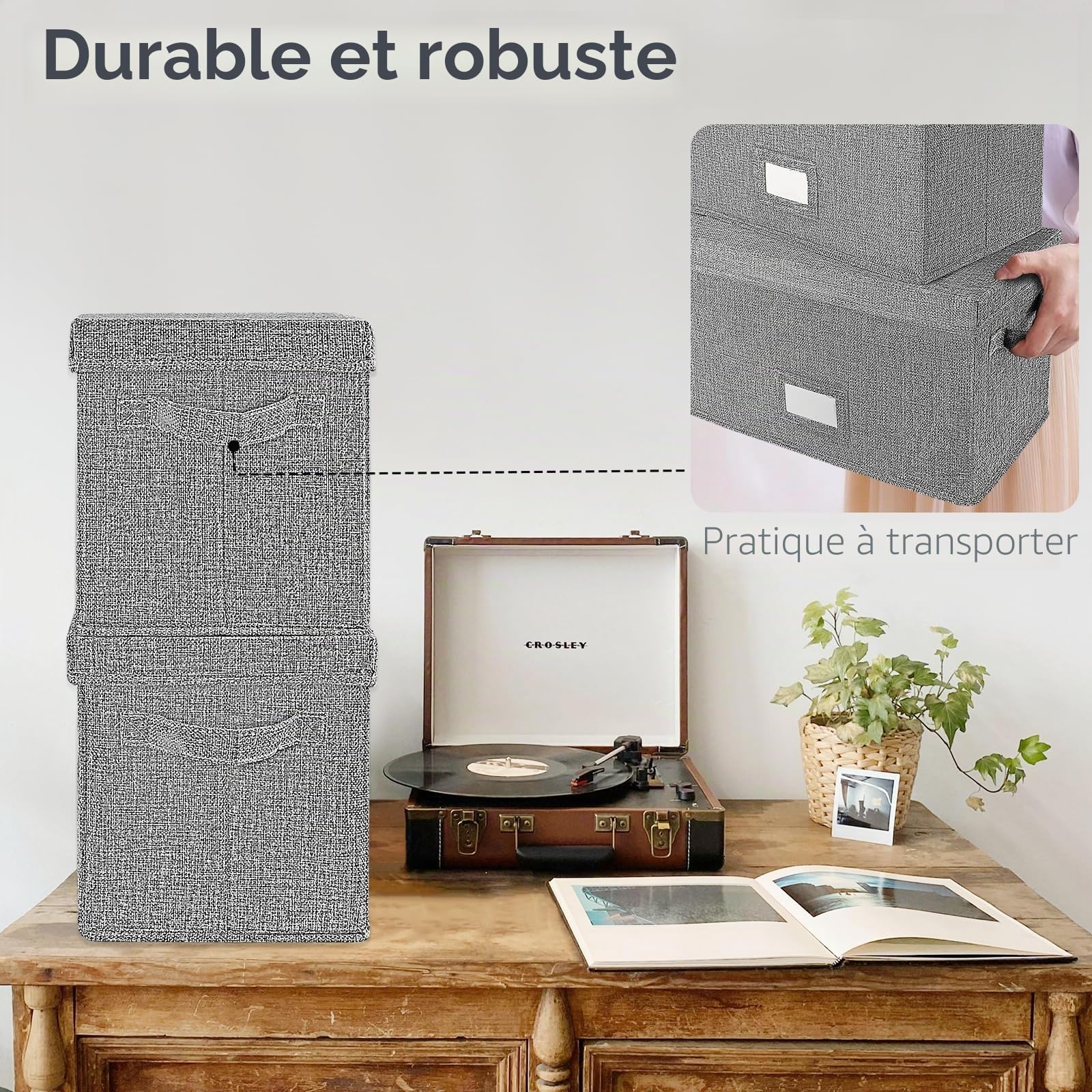 Woodoulogy Boîte de Rangement pour Vinyles 7"/45 RPM, Étui avec Couvercle pour Jusqu'à 80 Albums, Caisse pour CD et Collection Musicale, Organisateur Pliable de Type Dossier avec Poignée (Gris)