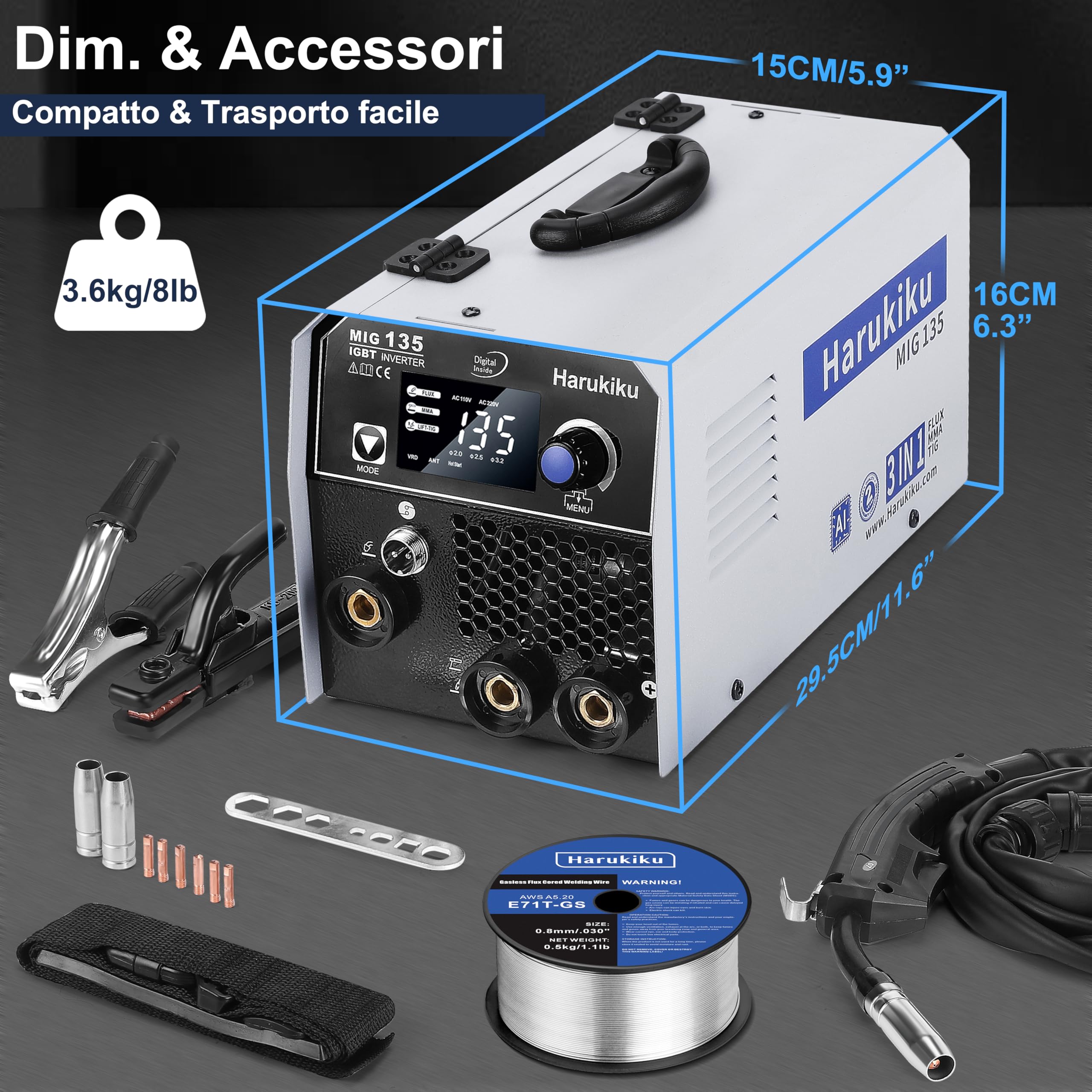 Harukiku135 saldatrice a filo continuo no gas, Saldatrice 3-in-1 Multiprocesso (Flux MIG/MMA/Lift TIG) con Alimentazione Sinergica, Inverter IGBT Compatto per Professionisti & Hobby Domestico