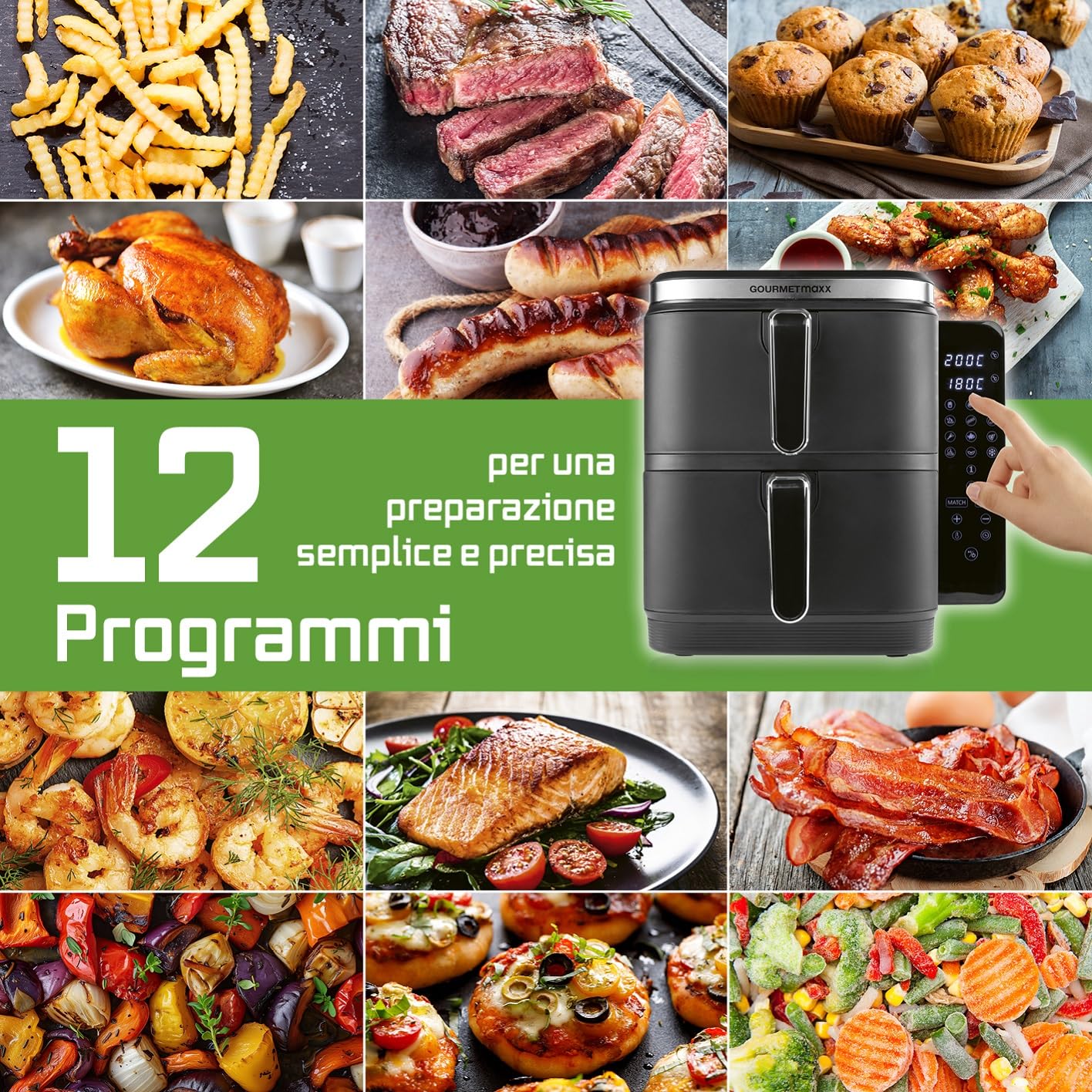GOURMETmaxx FryUp Friggitrice verticale ad aria calda a doppia camera | Friggitrice 10 litri | 4 piatti su 4 livelli | Display touch richiudibile | 32% in più di risparmio di spazio | Calda 2 camere