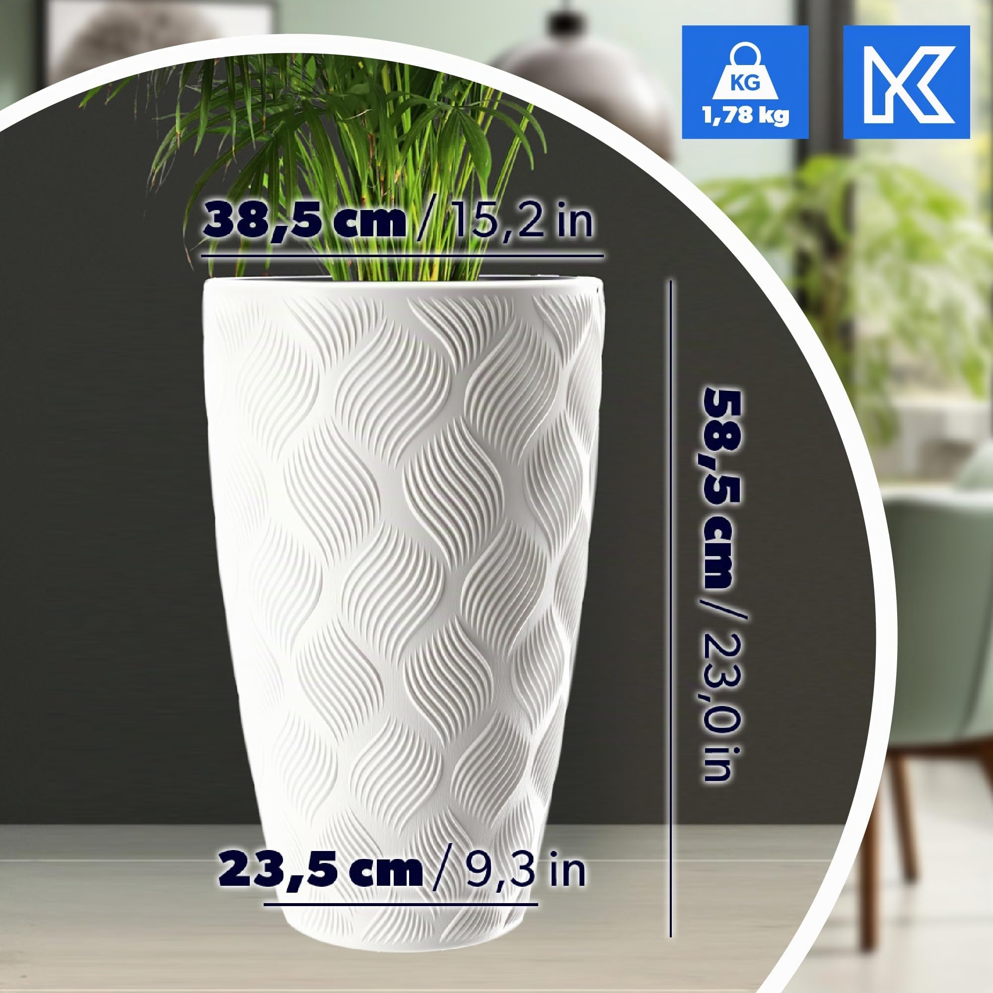 KADAX Pot de Fleurs Haut, Jardinière en Plastique de Grande Taille avec Motif Moderne pour Sublimer Votre Intérieur ou Extérieur, Bac à Fleur (Blanc, 58.5 cm)