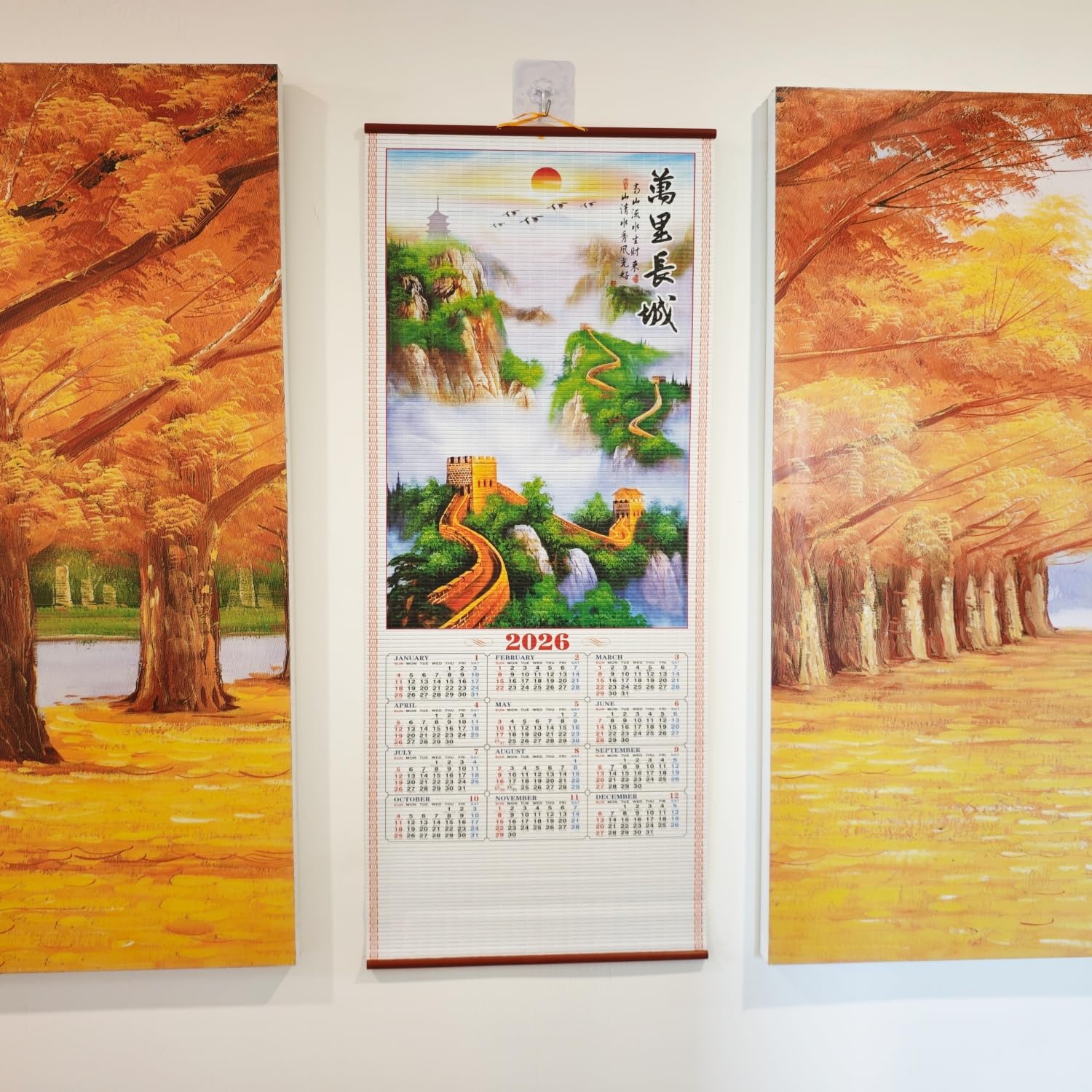 KYMY Chinese English Wall Scroll Calendar, 2026 Lunar Year of The Horse Imitation Rattan Calendar, Asian New Year Zodiac Feng Shui Monthly Hanging Decorations for Home Office Shop (Lt.Blue)