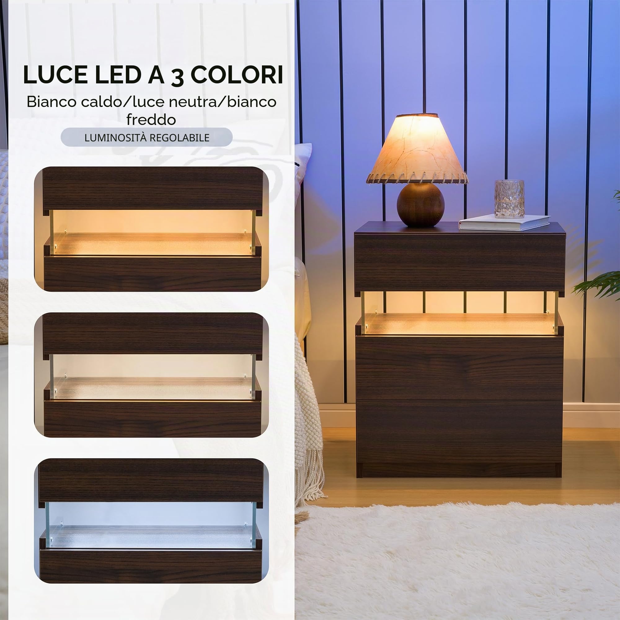 Cubehom Comodino a LED, con cassetti, per camera da letto, soggiorno, ufficio, colore: noce scuro, 2 pezzi