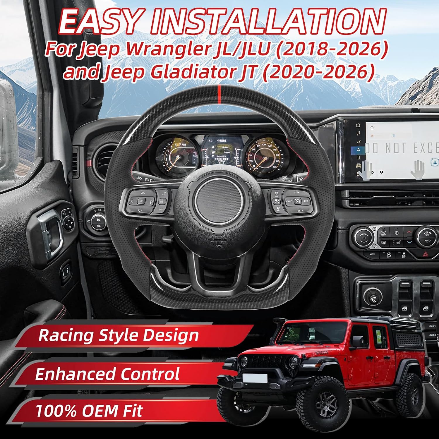 Heated Hydro-Dip Carbon Fiber Steering Wheel for Jeep Wrangler JL JLU 2018-2026, Gladiator JT 2020-2026, Rubicon Sahara Sport Willys 4xe, Red Stitching Flat Bottom Sport Grip, Retains Heating Function