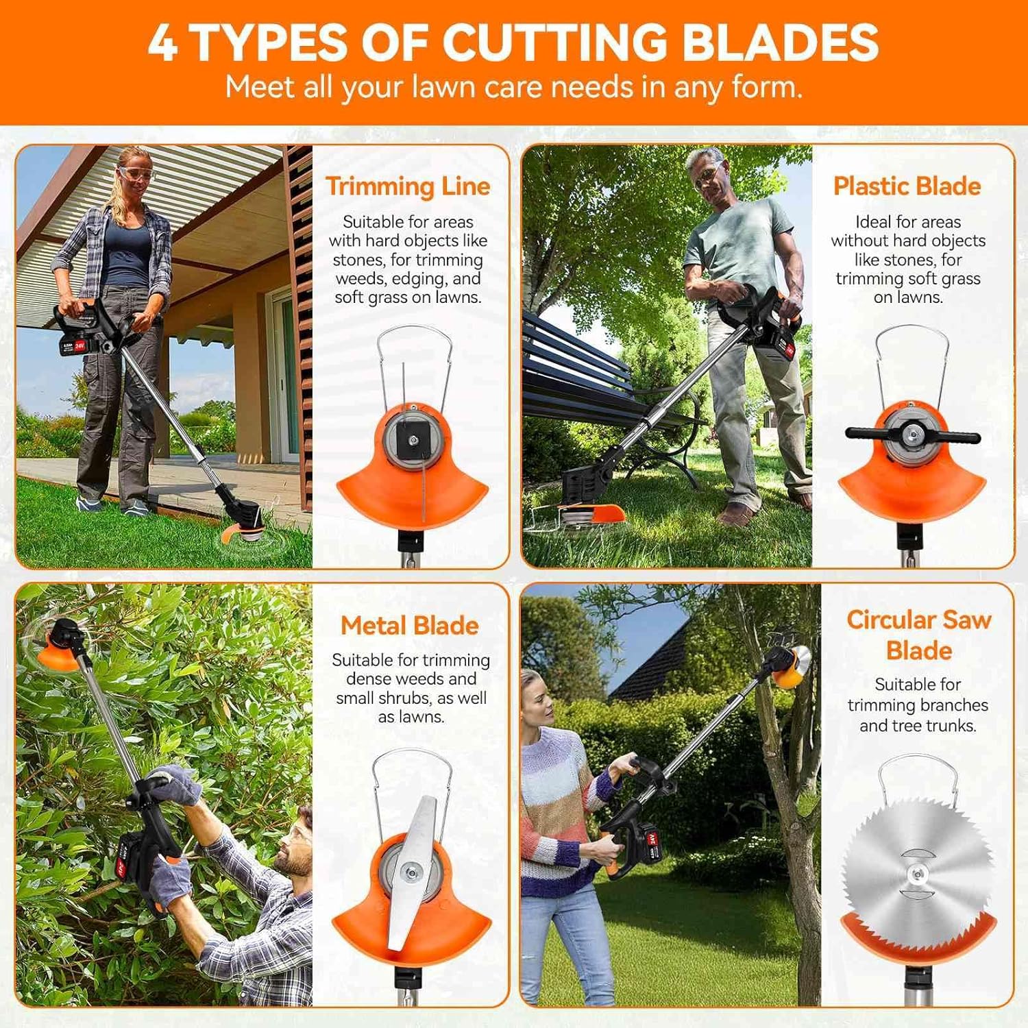 Weed Wacker Cordless,24v Electric Weed Eater Battery Powered, 3 in 1 Lightweight String Trimmer with Blade & 2 4.0 Ah Batteries & Charger, Grass Trimmer for Women, Lawn Care,Garden, Yard (Orange-b)