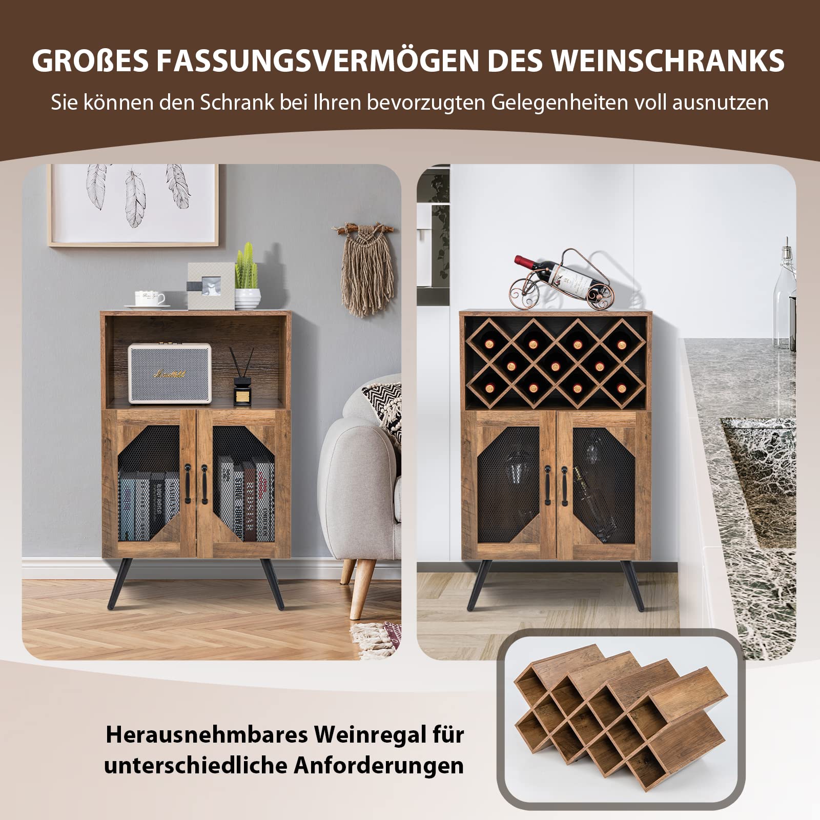 COSTWAY Küchenschrank, Weinschrank mit abnehmbarem Weinregal und integrierten Glashaltern, Buffetschrank Holz für 11 Weinflaschen & 9 Weingläser, Sideboard 59,5 x 33,5 x 93,5 cm, Vintage