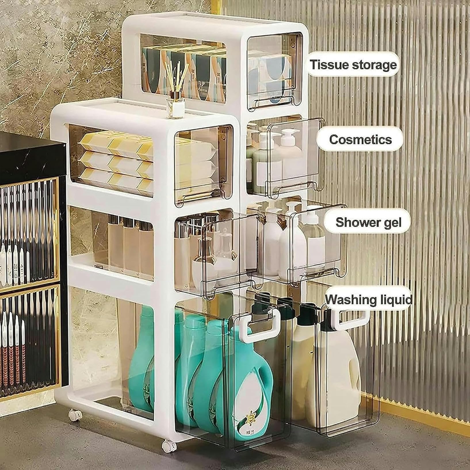 Armadietto da Terra per Bagno con 4 Cassetti e Ruote, Armadietto da Terra ad Angolo di Grande capacità Cassettiera Stretta a Torre Verticale per Bagno, Piccoli Spazi e Spazi, Installazione Libera