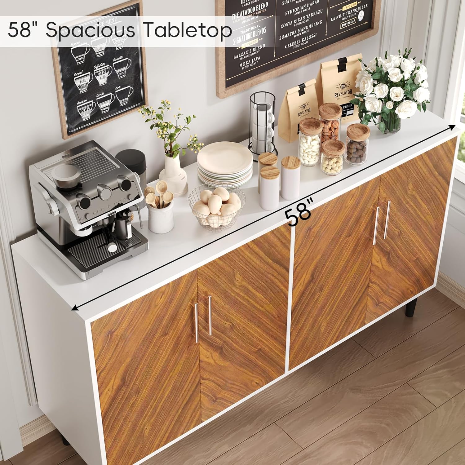 4 EVER WINNER Coffee Bar Cabinet with Storage, 58" Buffet Cabinet with 4 Doors & Adjustable Shelf, Credenza Storage Cabinets, White