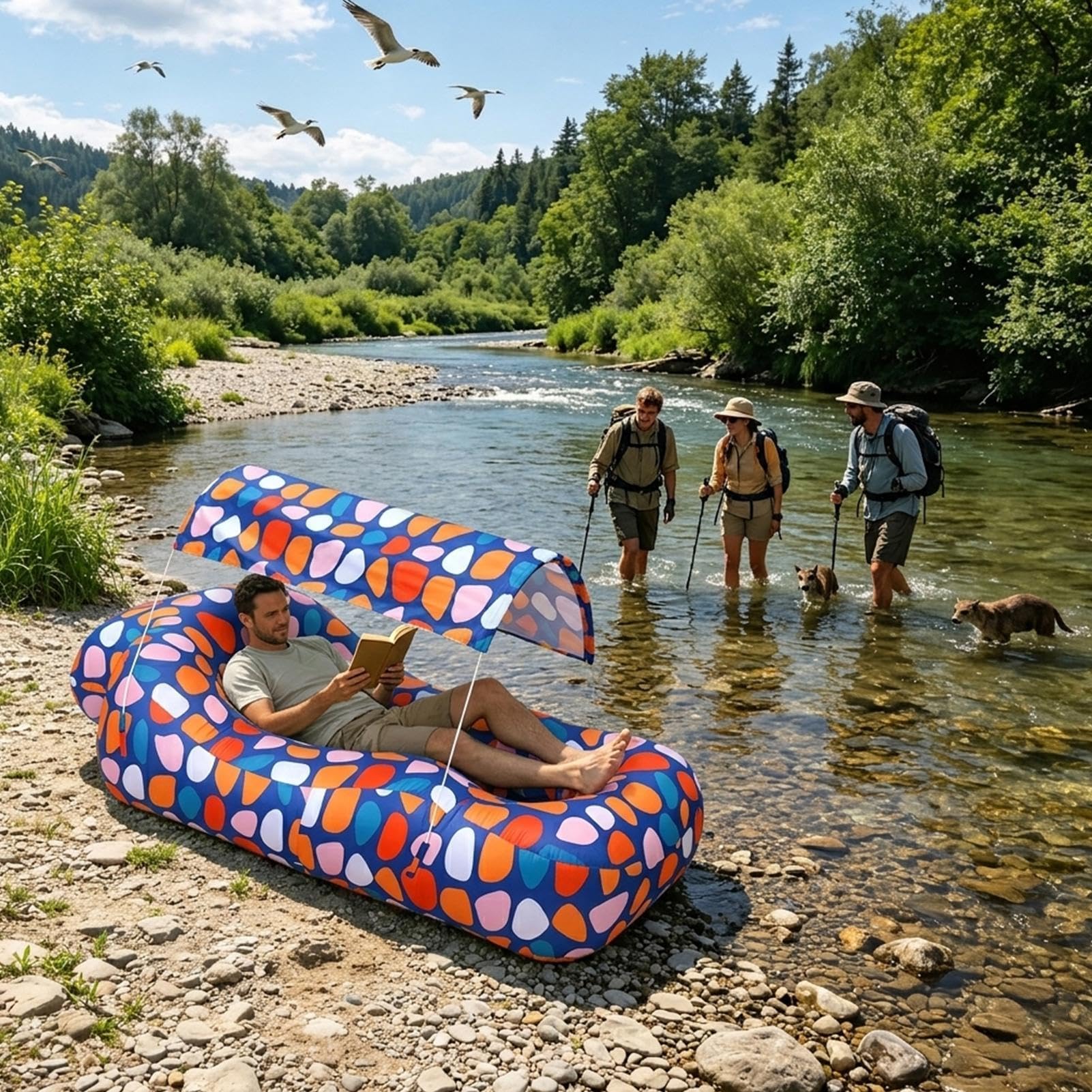 Aufblasbare Luftliege Reise-Luftsofa mit Sonnenschutzdach | Luftcouch ohne Pumpe aufblasbar für Reise Urlaub Camping am Meer Wandern Picknick im Garten