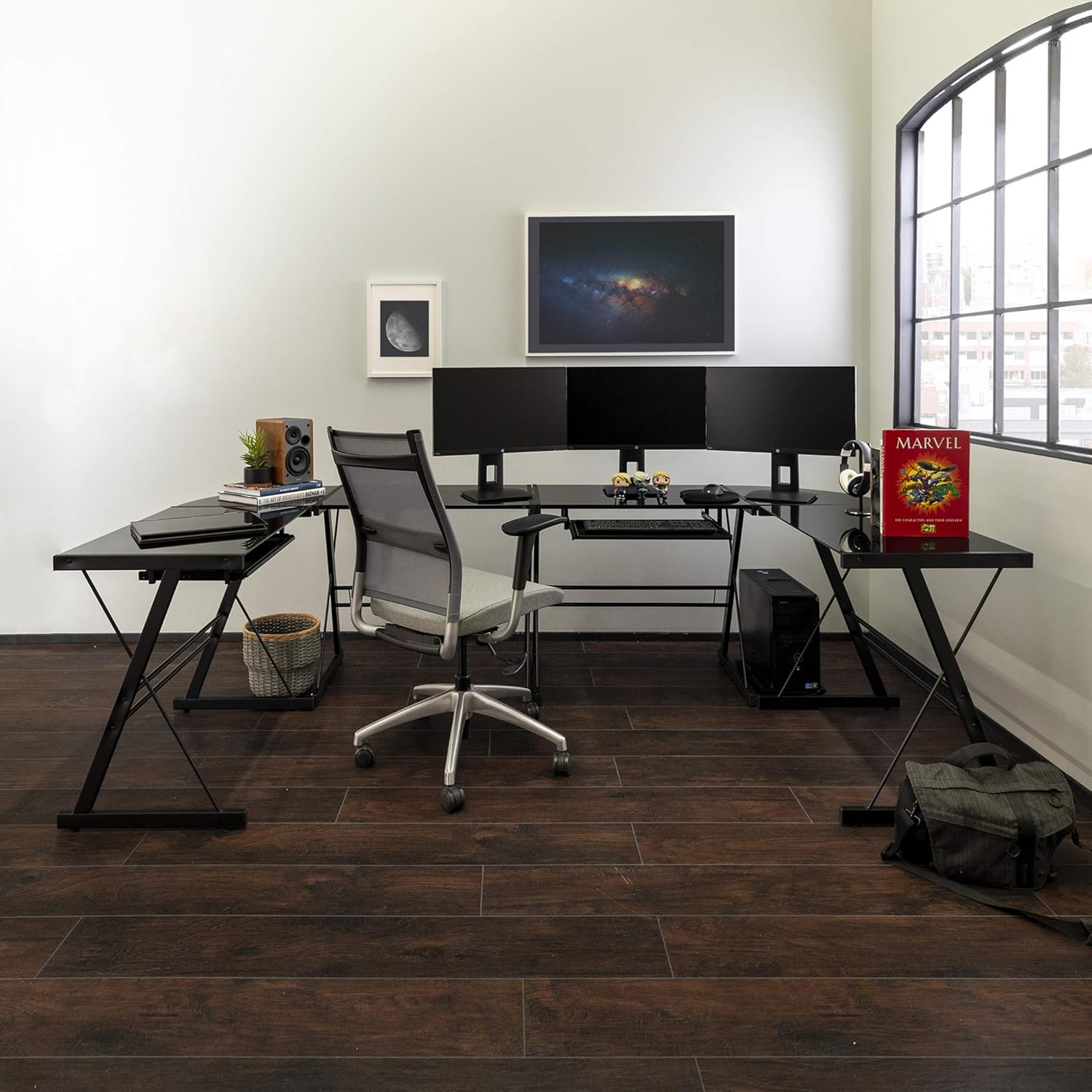 Up To 40% OFF Walker Edison Ellis Modern Glass Top L Shaped Corner Gaming Desk with Computer Keyboard Tray, 51 Inch, Black