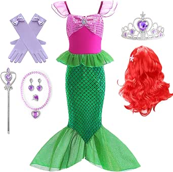 IWFREE Déguisement Sirène Ariel - Costume Princesse Avec Perruque Et Accessoires Pour Fille