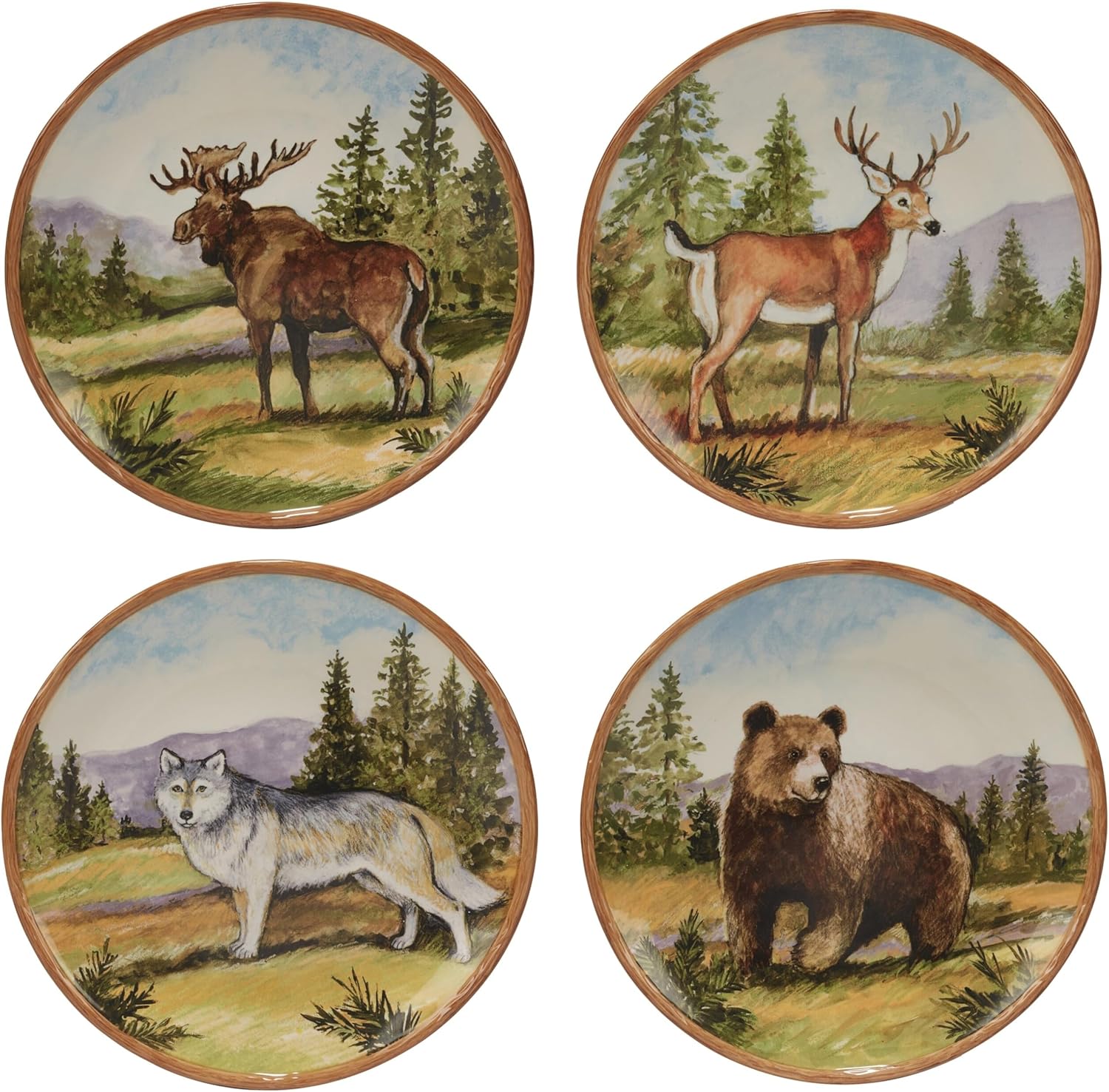 Mountain 16pc Dinnerware Set Service for 4 Brown Green Multi Color Animal Country Round Ceramic 16 Piece Dishwasher Safe Microwave