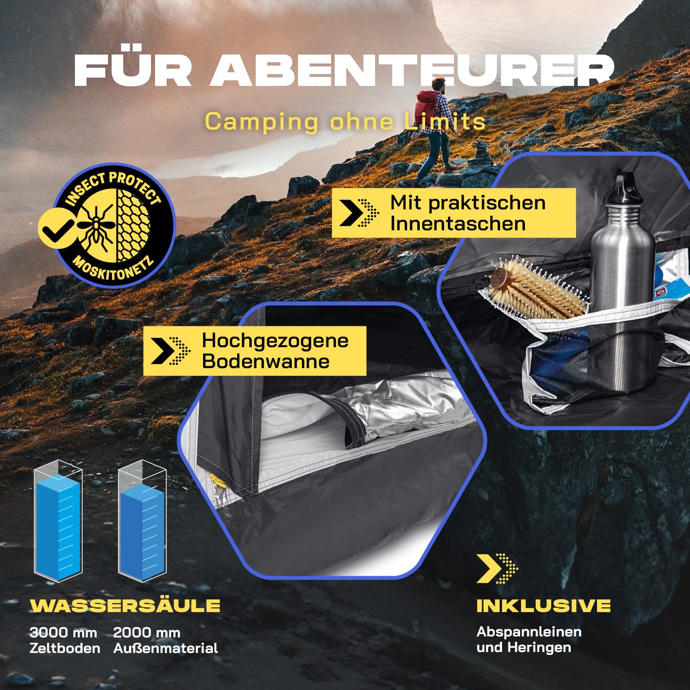 Where Tomorrow Tente Pop-up pour 4 à 6 Personnes - Tente jetable avec Effet de Refroidissement et occultant - Tente de Camping résistante aux intempéries, Pluie, Neige, Vent, Sable - avec Fond Haut