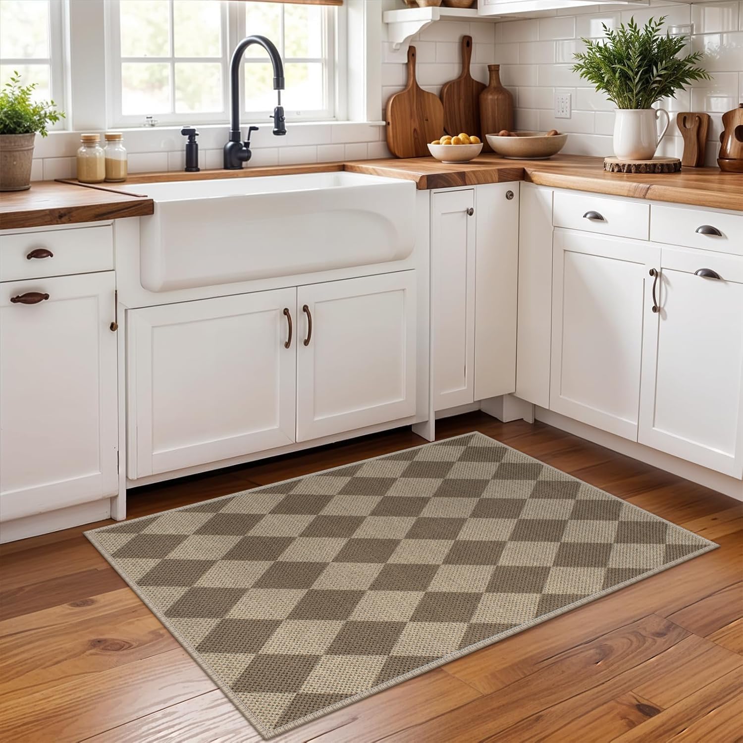 Easy Jute Checkered Entryway Rug, 2x3 Brown Modern Indoor Outdoor Doormat, Washable Non-Slip Neutral Small Kitchen Rug Farmhouse Diamond Throw Rugs for Entrance Bedroom Bathroom - Image 6
