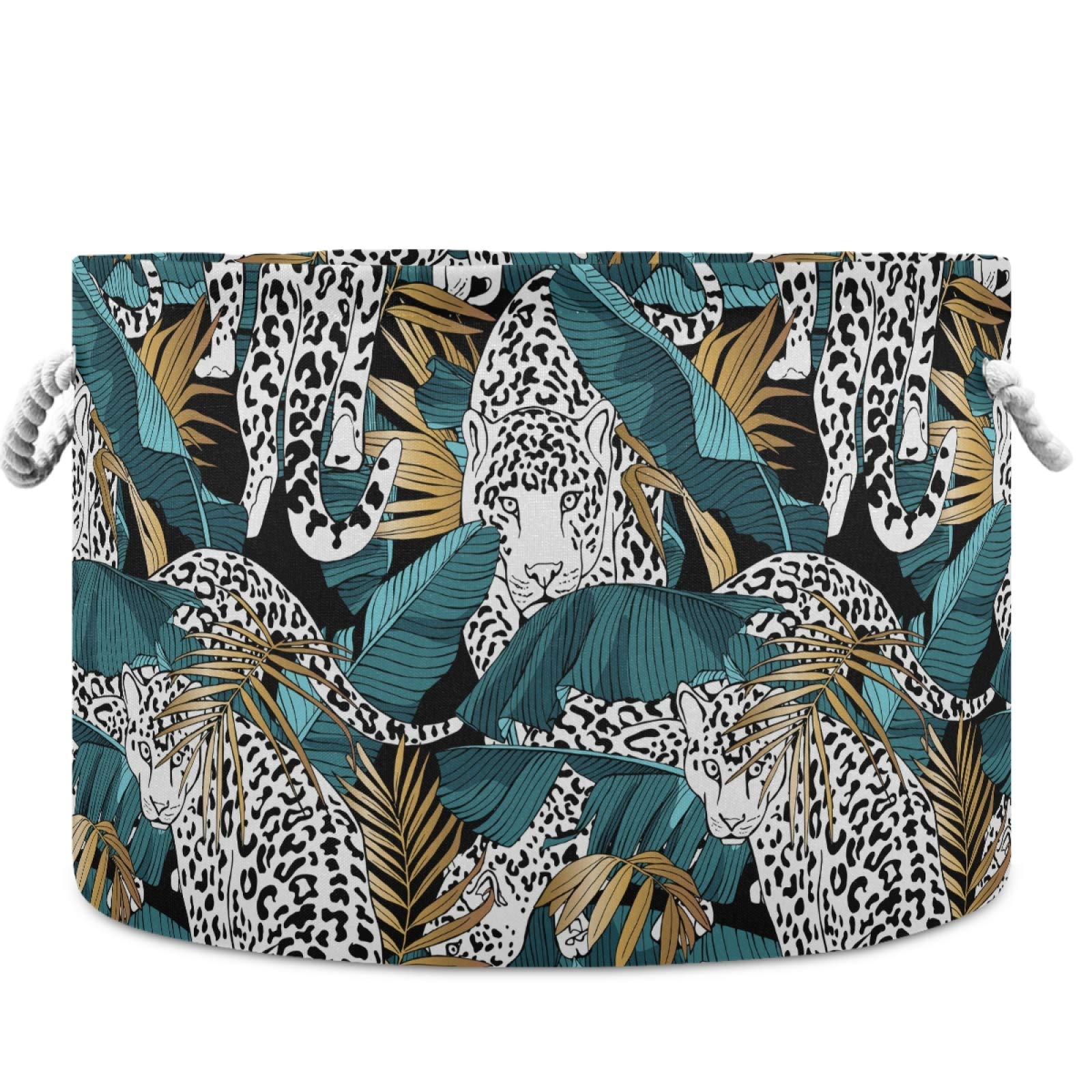 visesunny Collapsible Large Capacity Basket Leopard Gold Palm Leaf Clothes Toy Storage Hamper with Durable Cotton Handles Home Organizer Solution for Bathroom, Bedroom, Nursery, Laundry,Closet