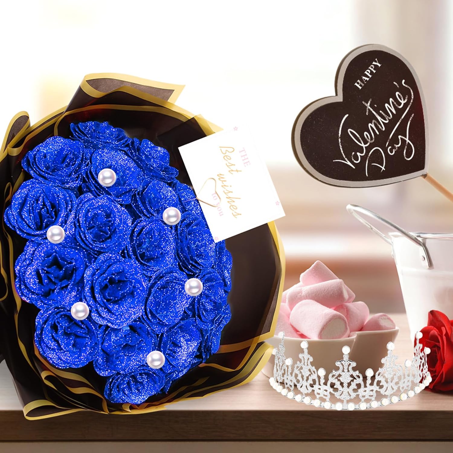 TLY Glitter Roses Bouquet Blue Flower Bouquet Roses Artificial Flowers with Flower Wrapping Paper Crowns Cards for Valentine's Day Birthday Anniversary Engagement Wedding - Image 4