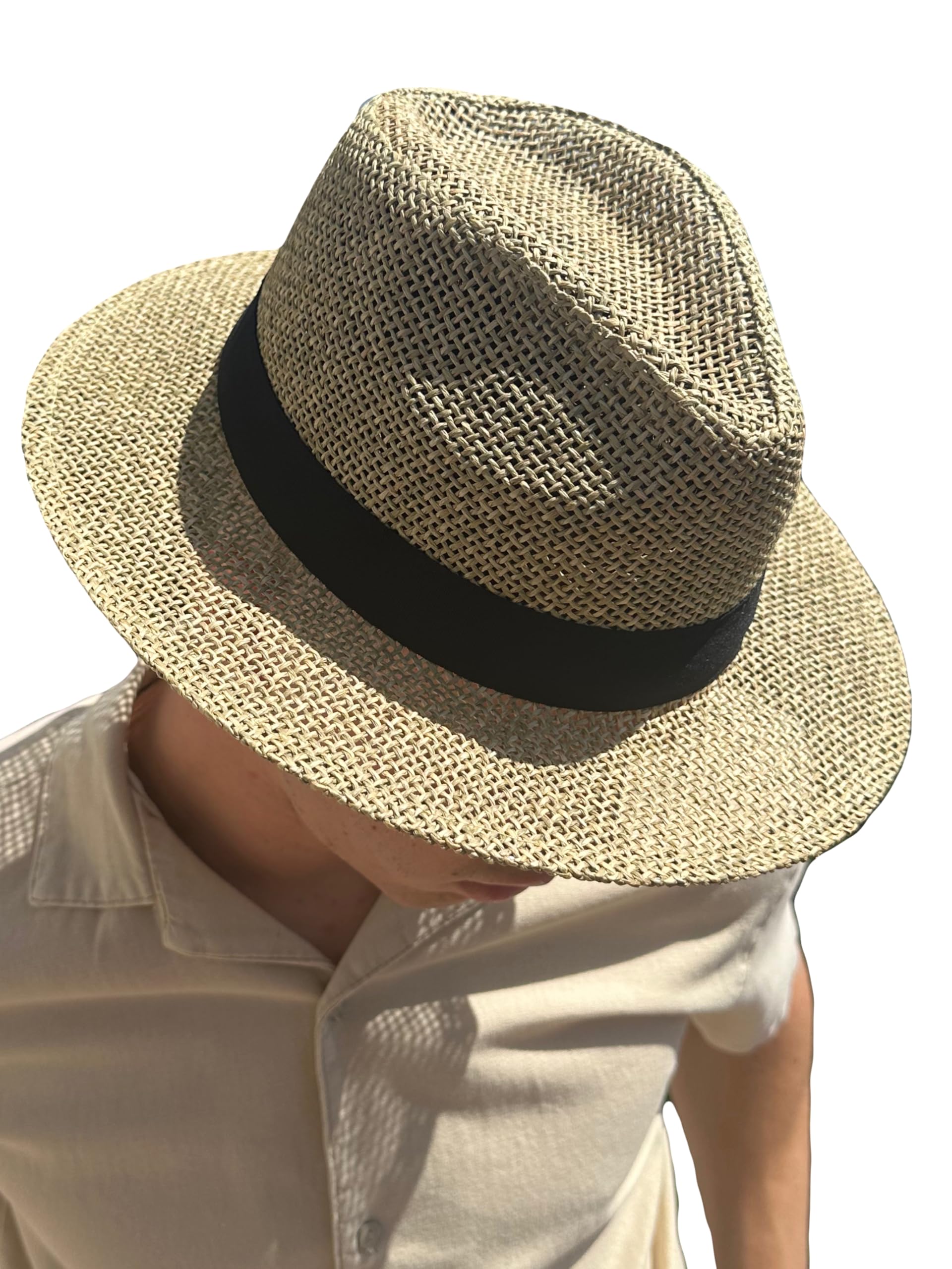 MIGURA Sombrero Verdoso Hombre De Paja Protección Solar Panama Pamela Playa Verano Esparto Gorra para Sol Visera Enrollable con Tira Ajustable Negra